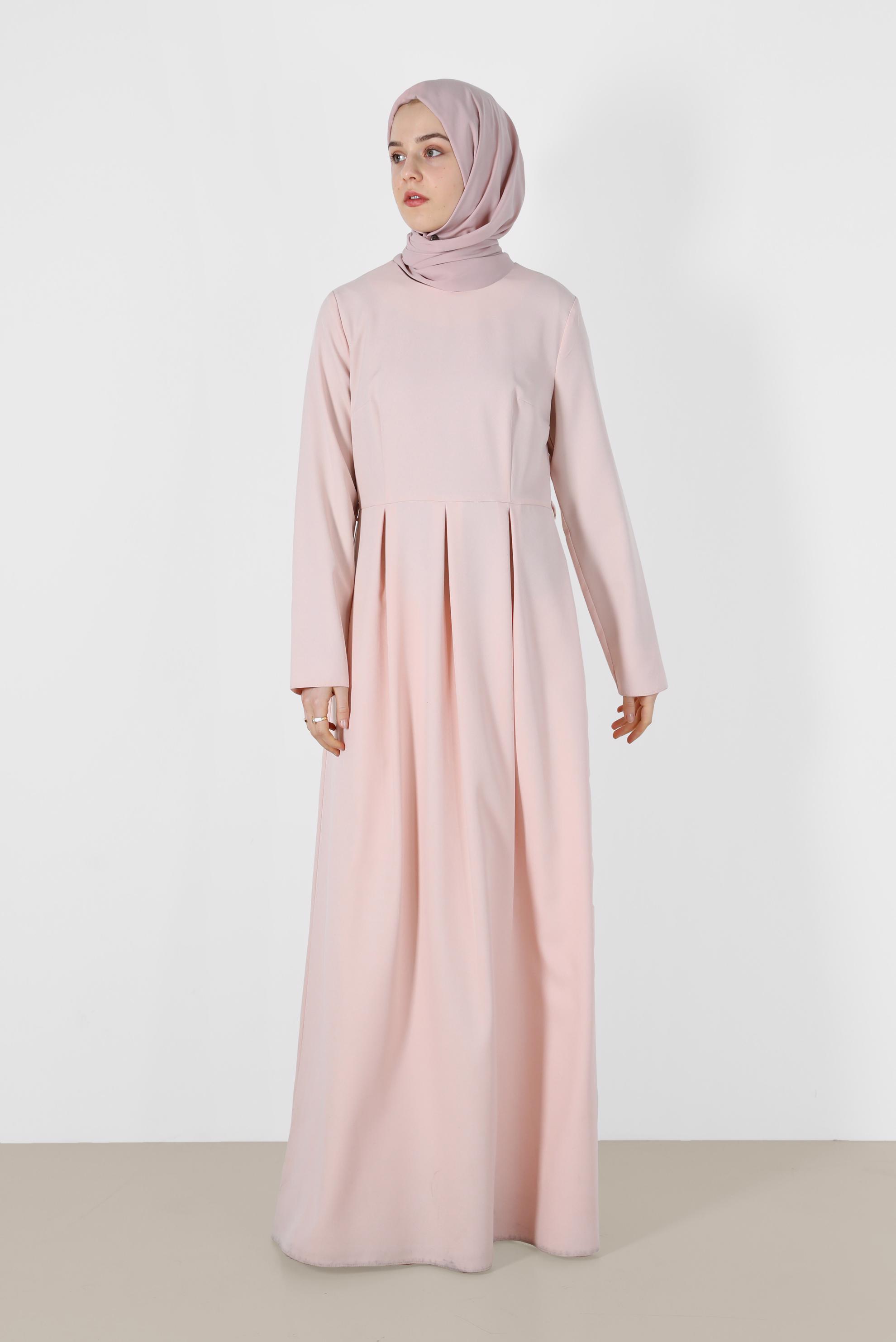 Tesettür giyim PUDRA BELİ PİLE DETAYLI ELBİSE 4398 