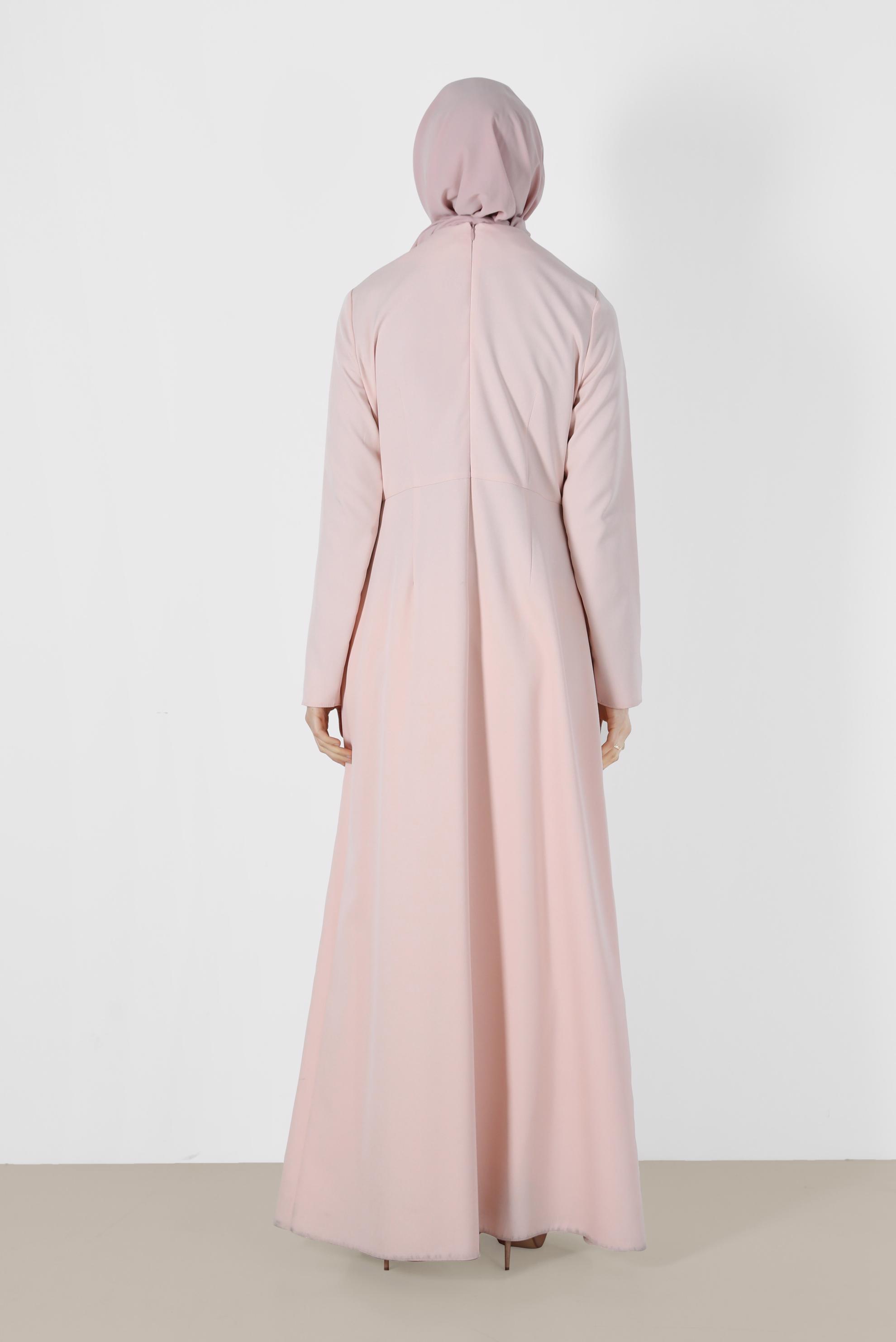 Tesettür giyim PUDRA BELİ PİLE DETAYLI ELBİSE 4398 