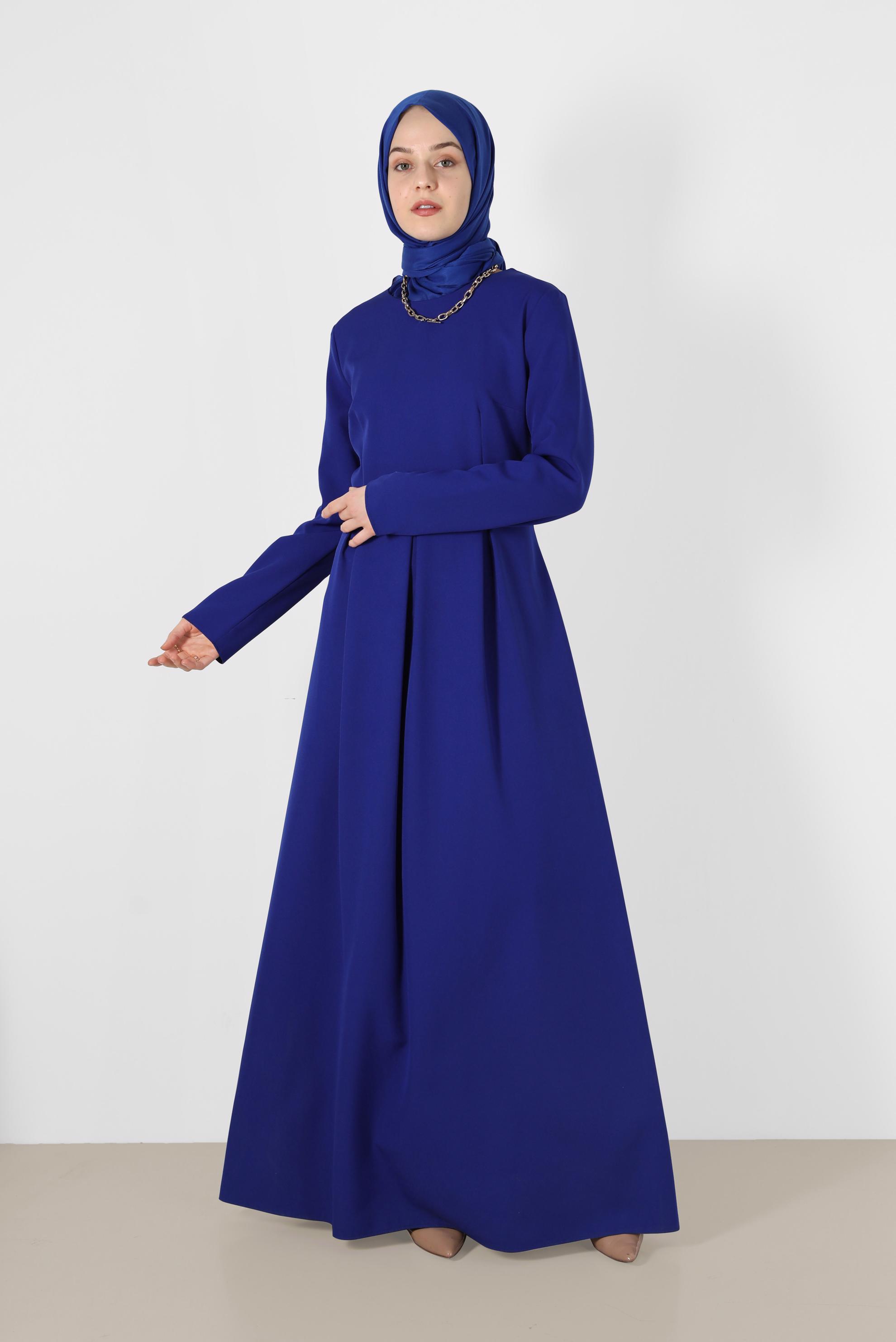 Tesettür giyim LACİVERT BELİ PİLE DETAYLI ELBİSE 4398 