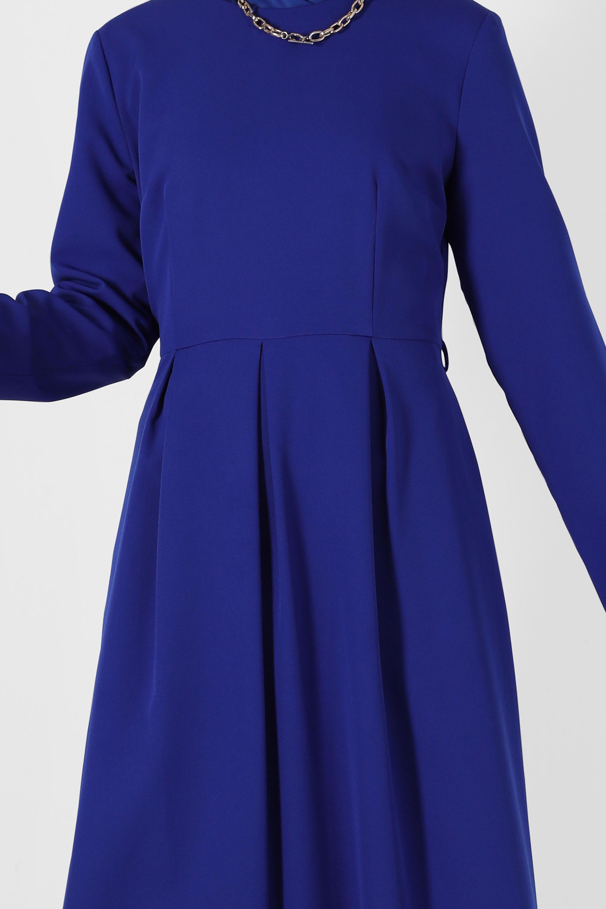 Tesettür giyim LACİVERT BELİ PİLE DETAYLI ELBİSE 4398 