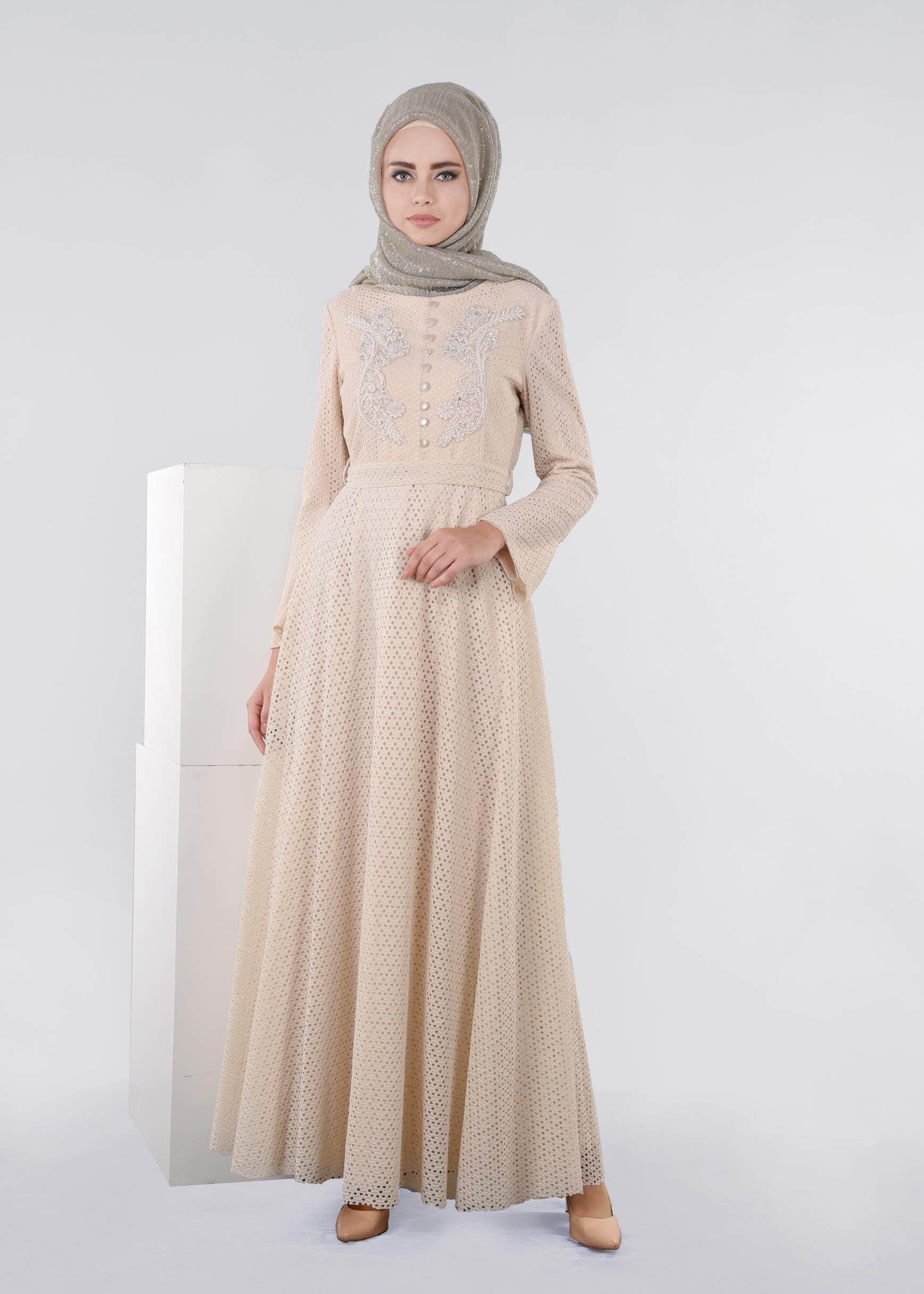 Tesettür giyim BEJ 4442 BİTA 1664 ELBİSE 36/44