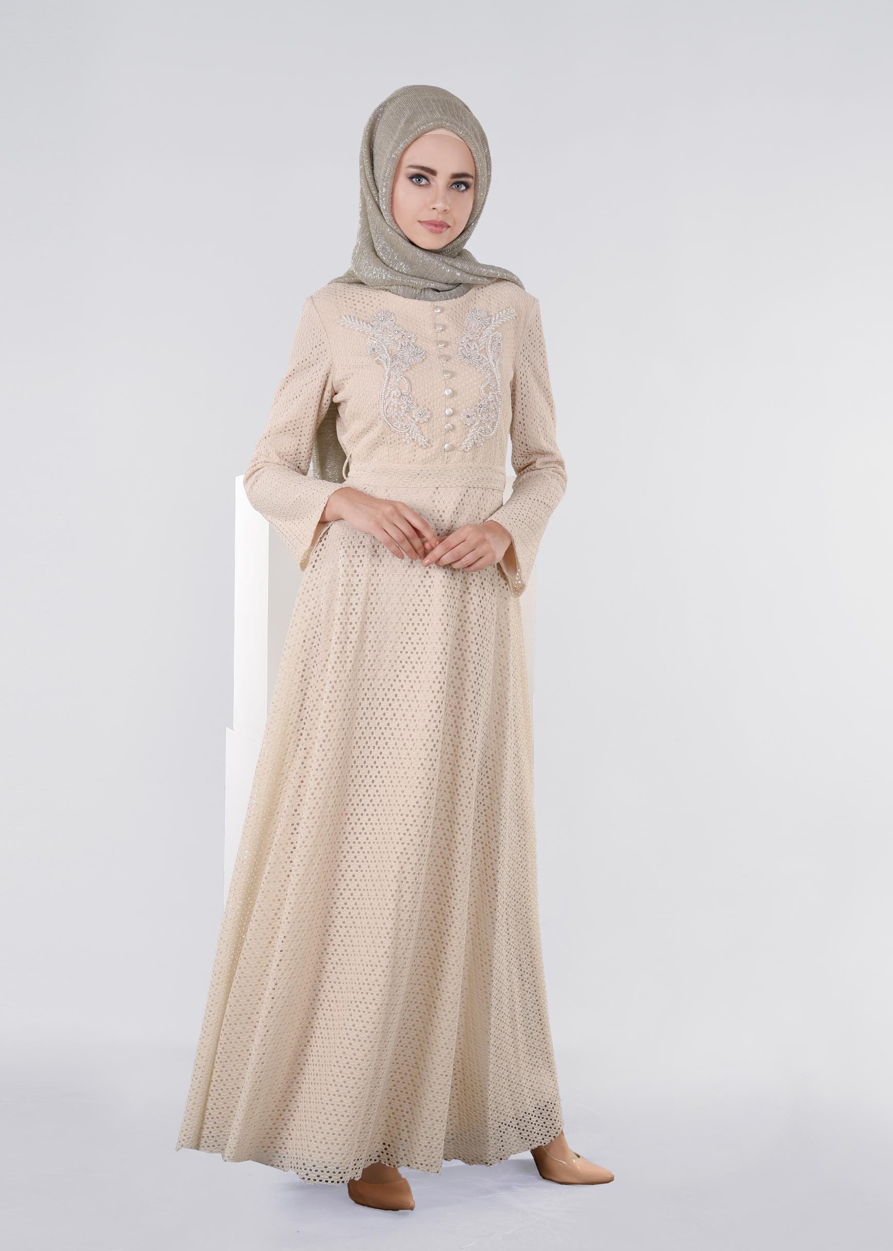 Tesettür giyim BEJ 4442 BİTA 1664 ELBİSE 36/44
