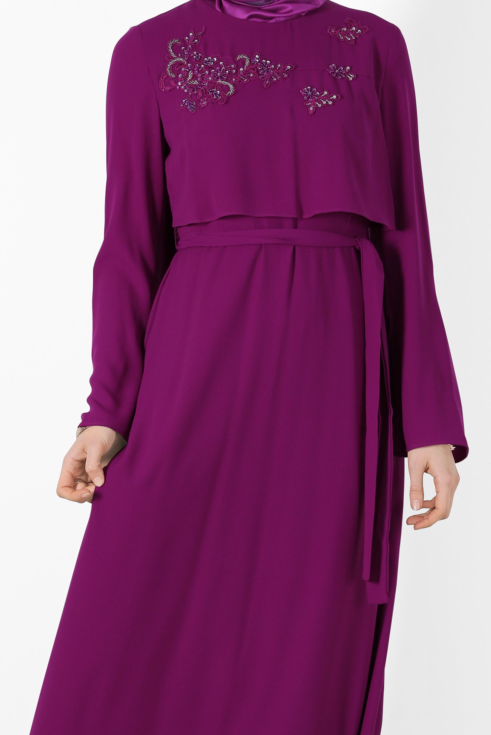 Tesettür giyim FUŞYA İŞLEME DETAYLI KUŞAKLI ELBİSE 4443