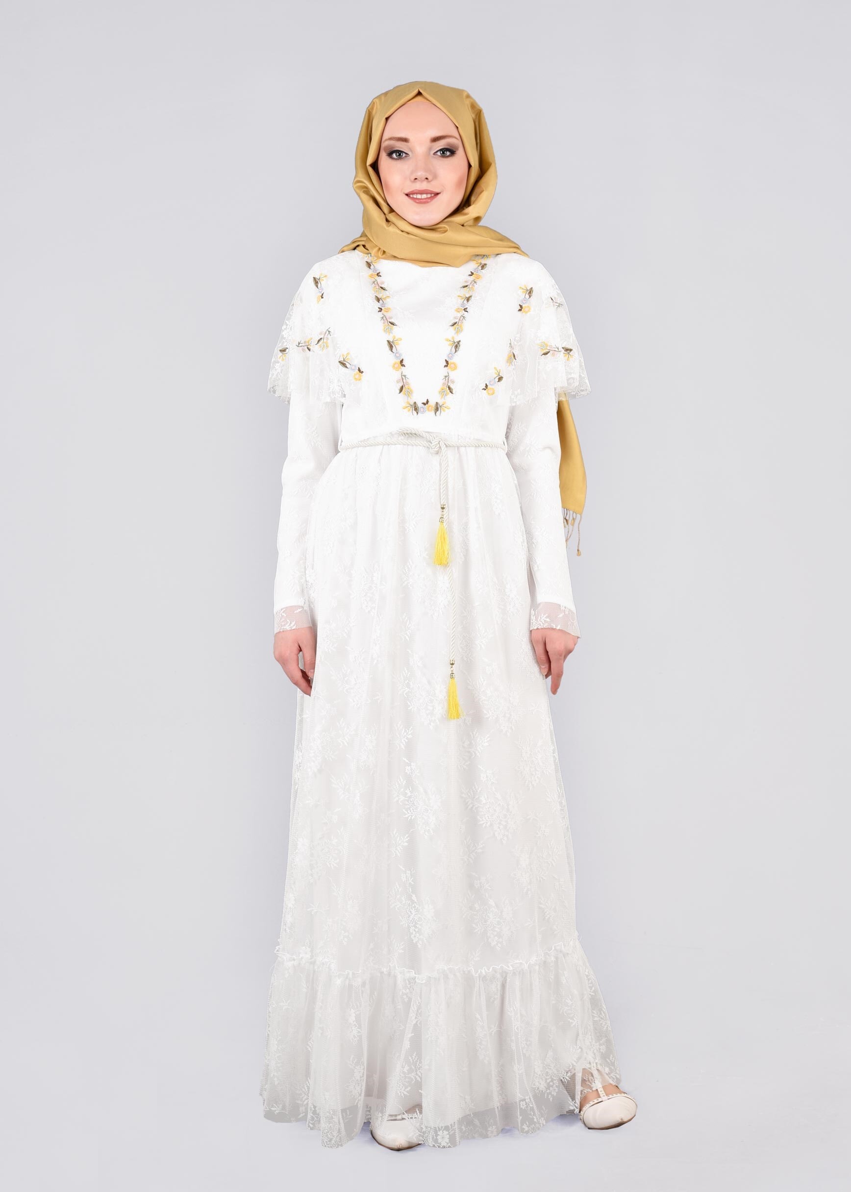 Tesettür giyim BEYAZ 4456 DANTEL 1072 ELBİSE 36/42 TEK38
