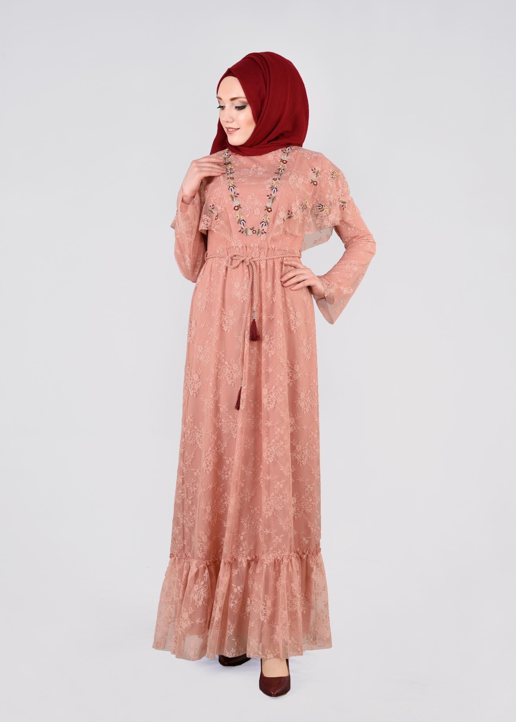 Tesettür giyim PUDRA 4456 DANTEL 1072 ELBİSE 36/42 TEK38