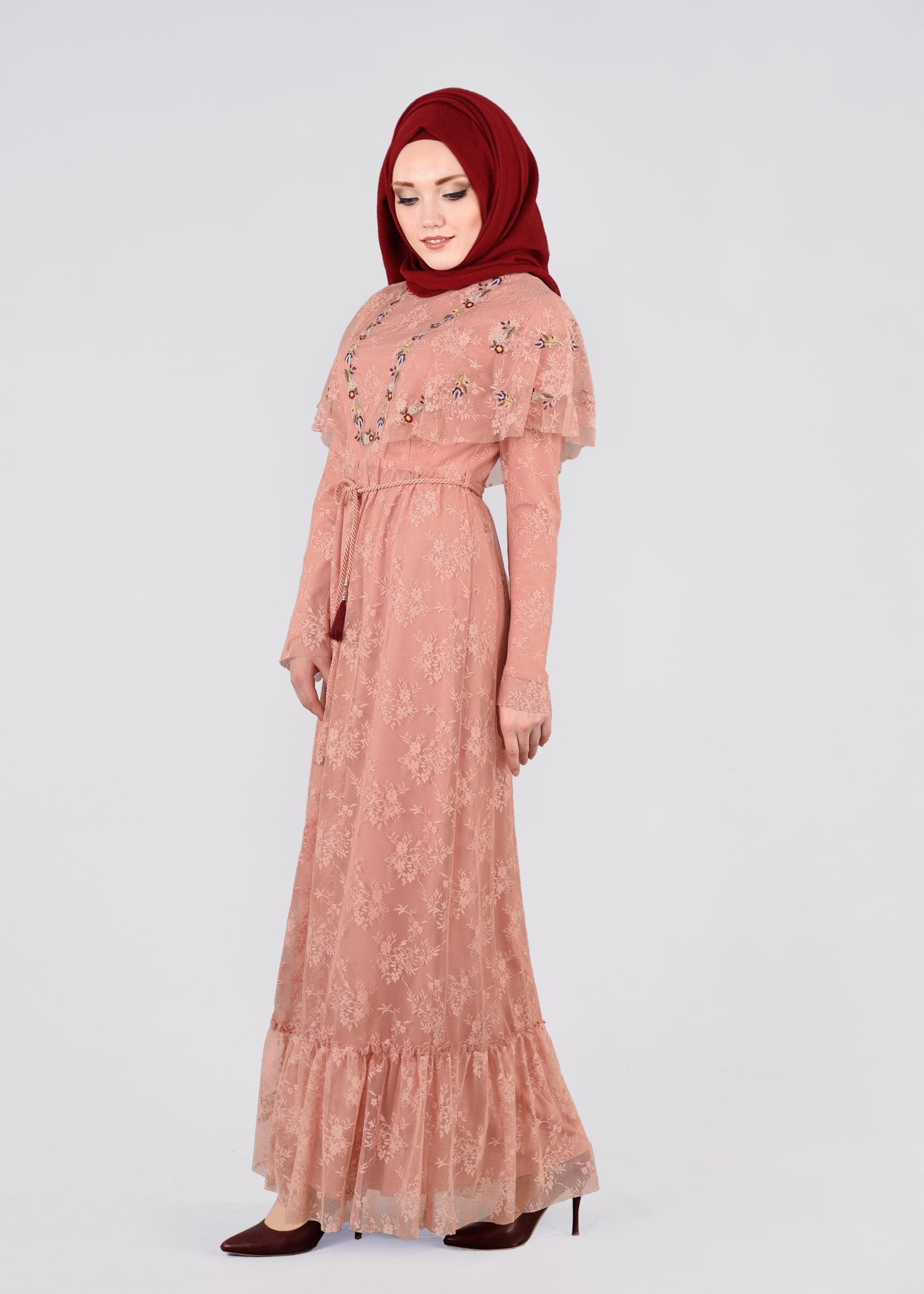 Tesettür giyim PUDRA 4456 DANTEL 1072 ELBİSE 36/42 TEK38