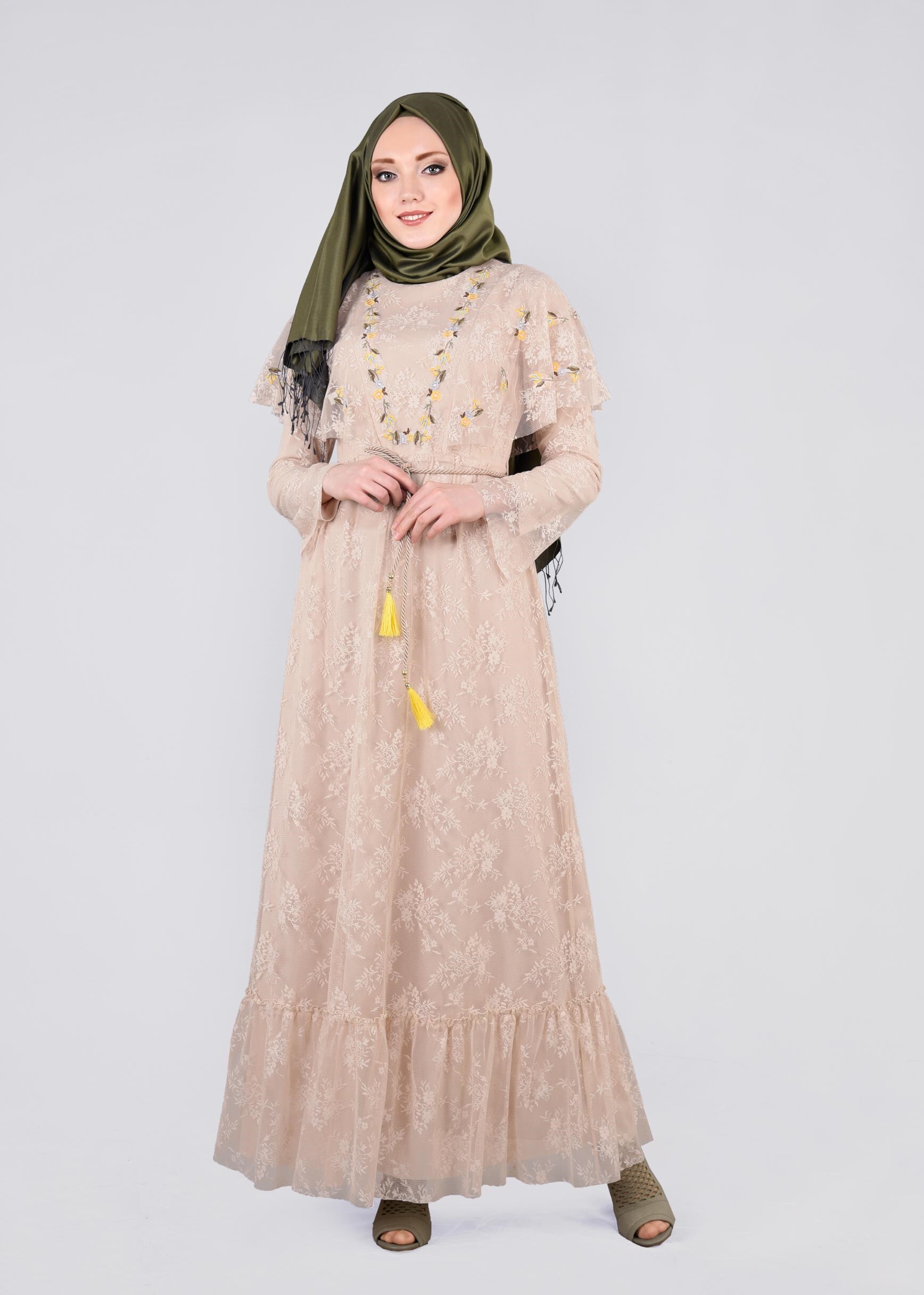 Tesettür giyim BEJ 4456 DANTEL 1072 ELBİSE 36/42 TEK38