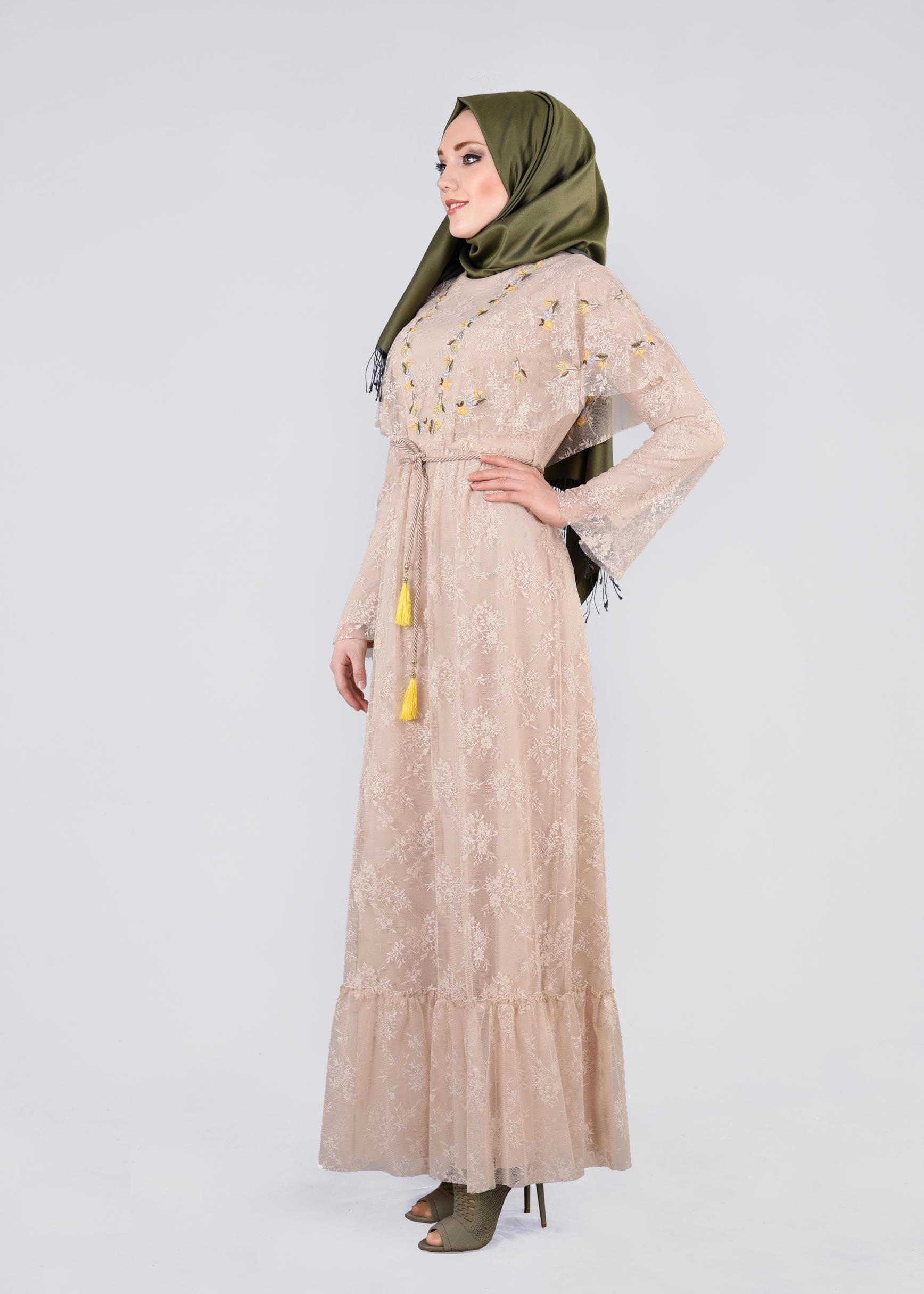 Tesettür giyim BEJ 4456 DANTEL 1072 ELBİSE 36/42 TEK38