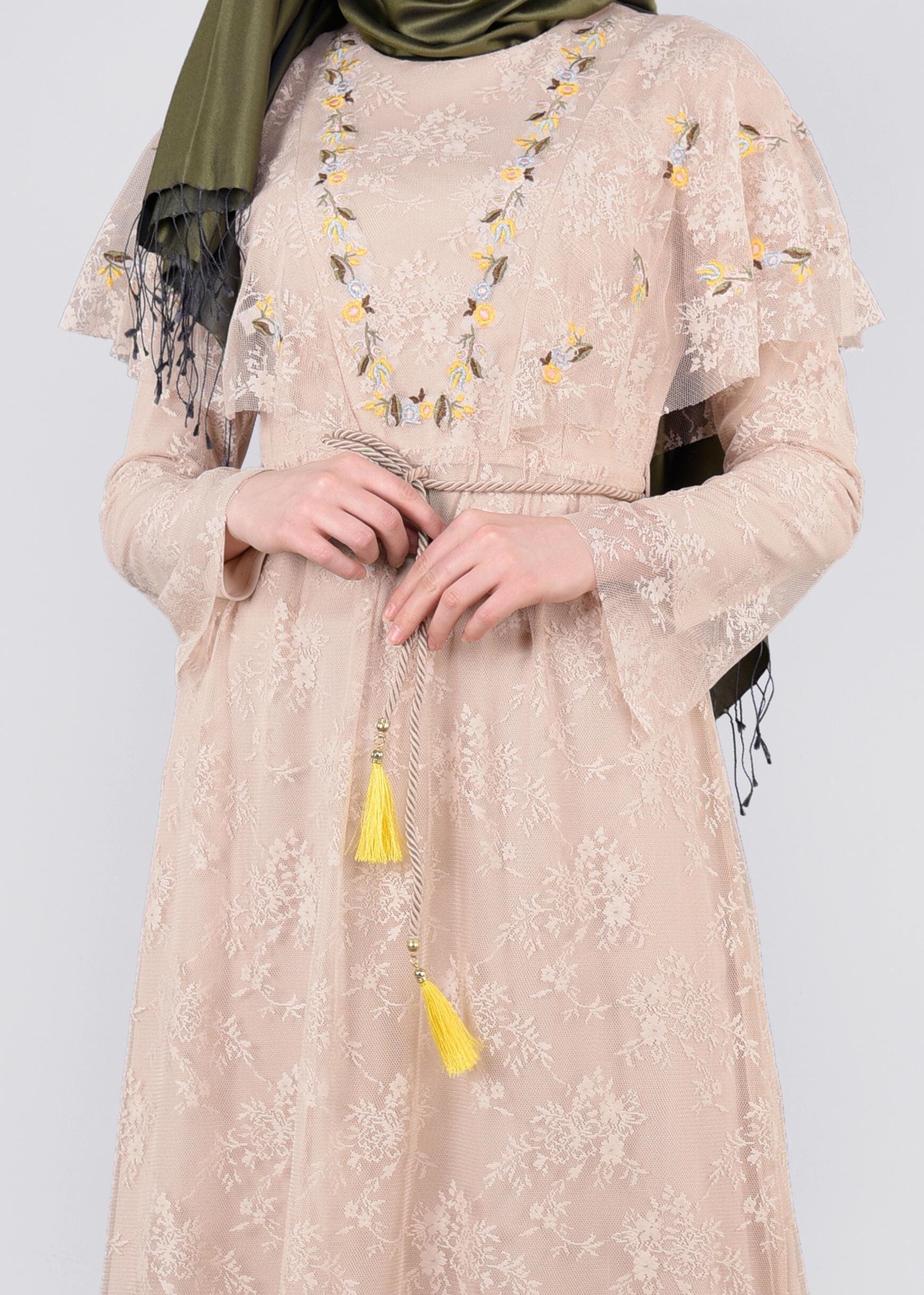 Tesettür giyim BEJ 4456 DANTEL 1072 ELBİSE 36/42 TEK38