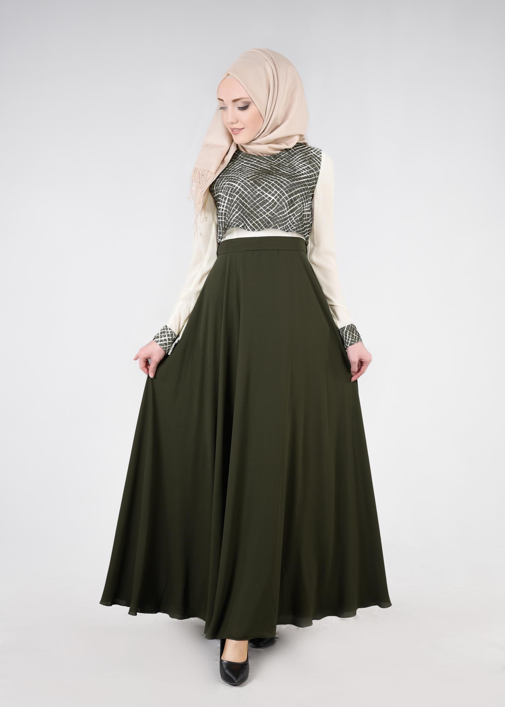 Tesettür giyim HAKİ 4474 Esinti Tesettür Elbise 38/44 TEK40