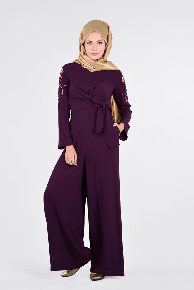 Tesettür giyim MOR KOLLARI NAKIŞ İŞLEMELİ TULUM 4520 - ALVİNA