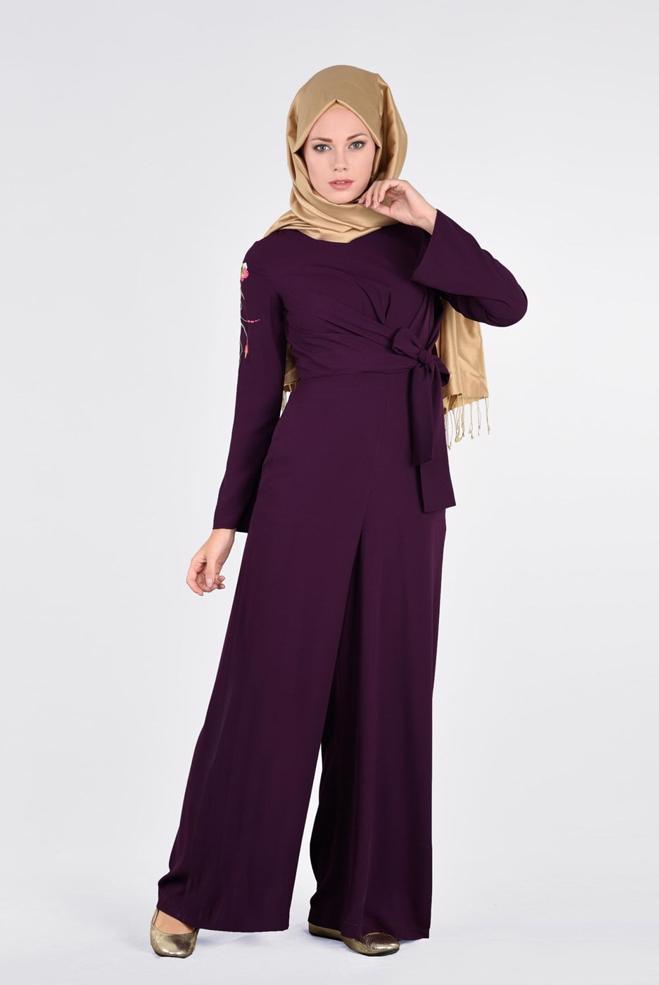 Tesettür giyim MOR KOLLARI NAKIŞ İŞLEMELİ TULUM 4520 - ALVİNA