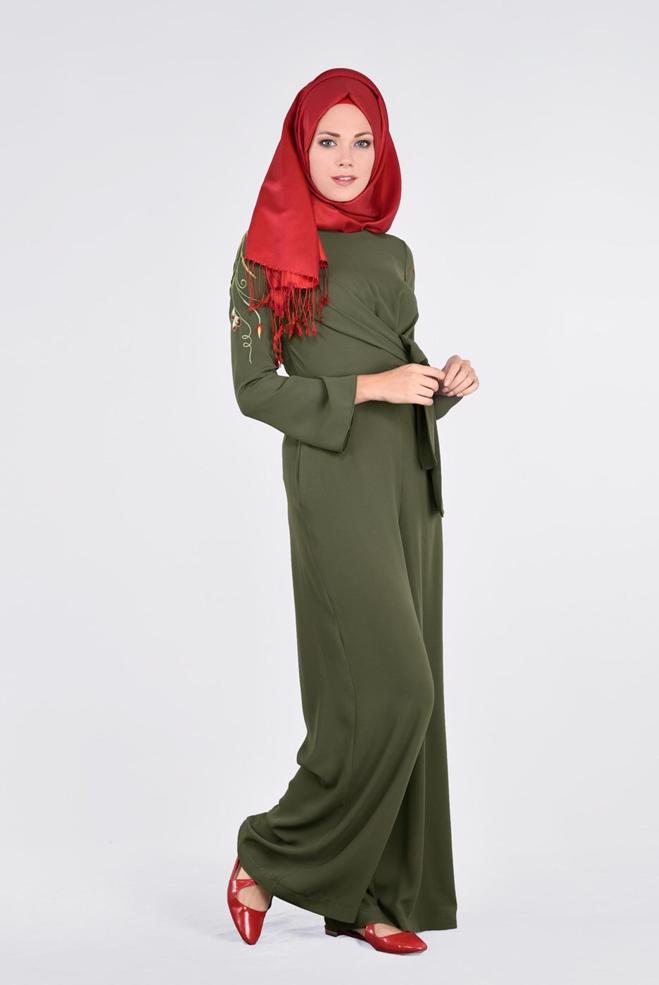 Hijab-Kleidung KHAKI KOLLARI NAKIŞ İŞLEMELİ TULUM 4520 - ALVİNA