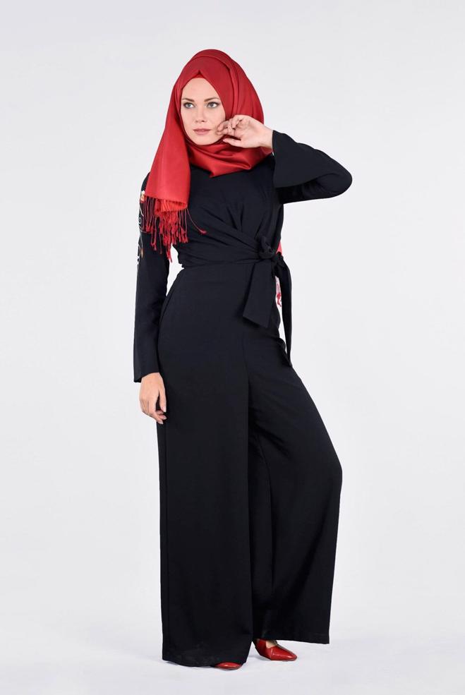 Tesettür giyim LACİVERT KOLLARI NAKIŞ İŞLEMELİ TULUM 4520 - ALVİNA