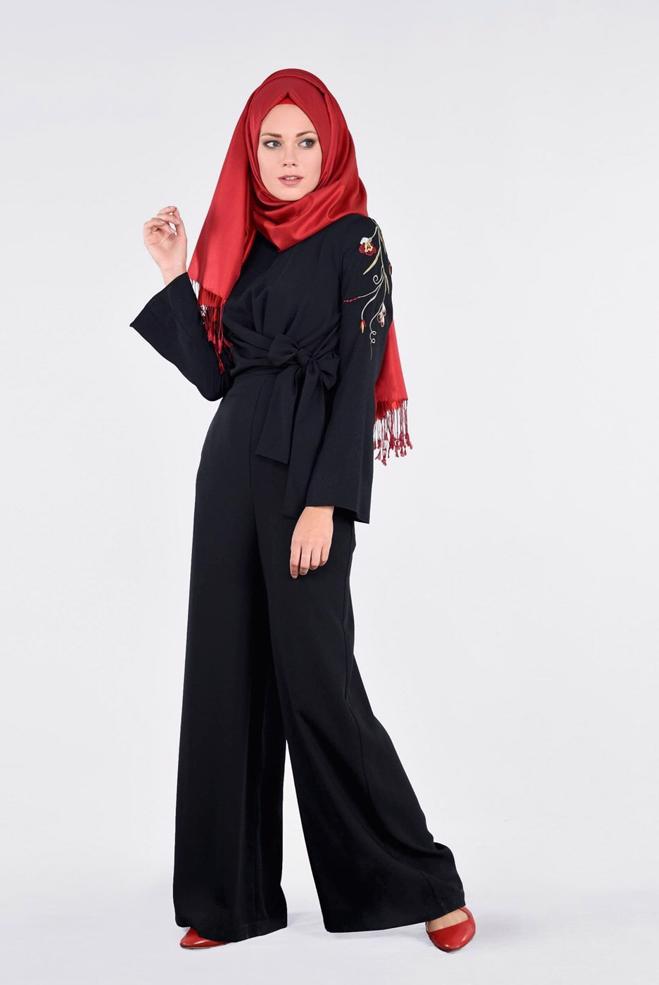 Tesettür giyim LACİVERT KOLLARI NAKIŞ İŞLEMELİ TULUM 4520 - ALVİNA