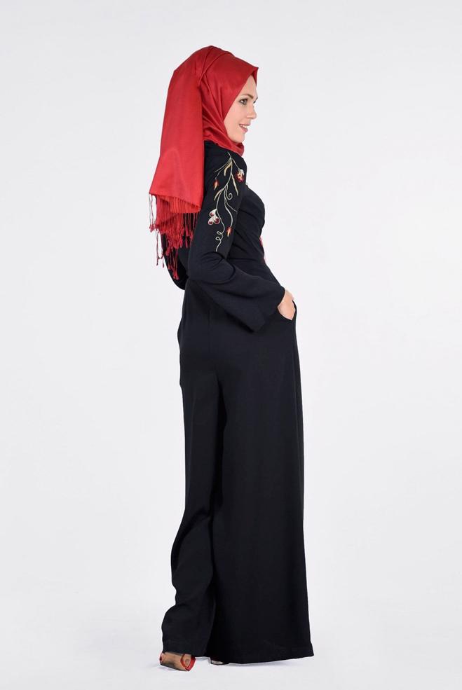 Tesettür giyim LACİVERT KOLLARI NAKIŞ İŞLEMELİ TULUM 4520 - ALVİNA