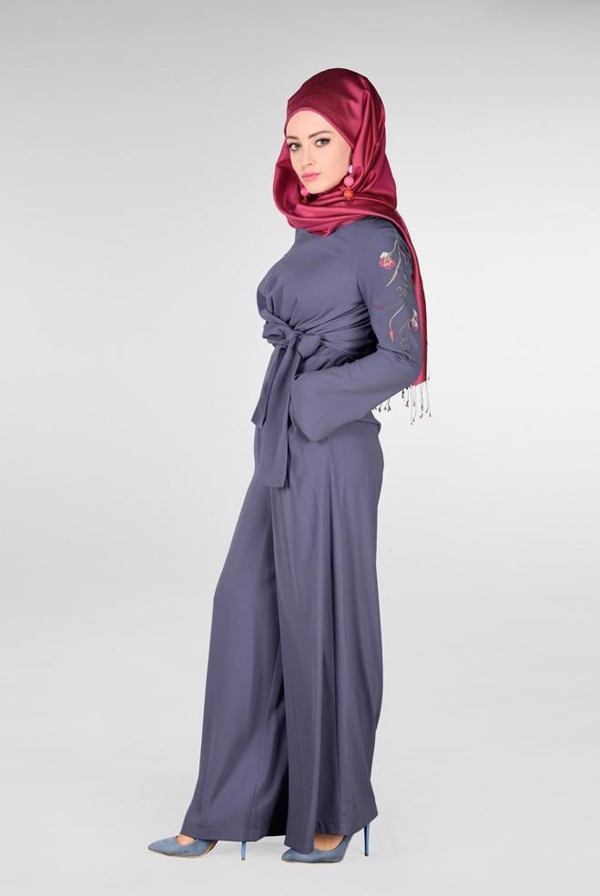 Tesettür giyim MOR KOLLARI NAKIŞ İŞLEMELİ TULUM 4520 - ALVİNA