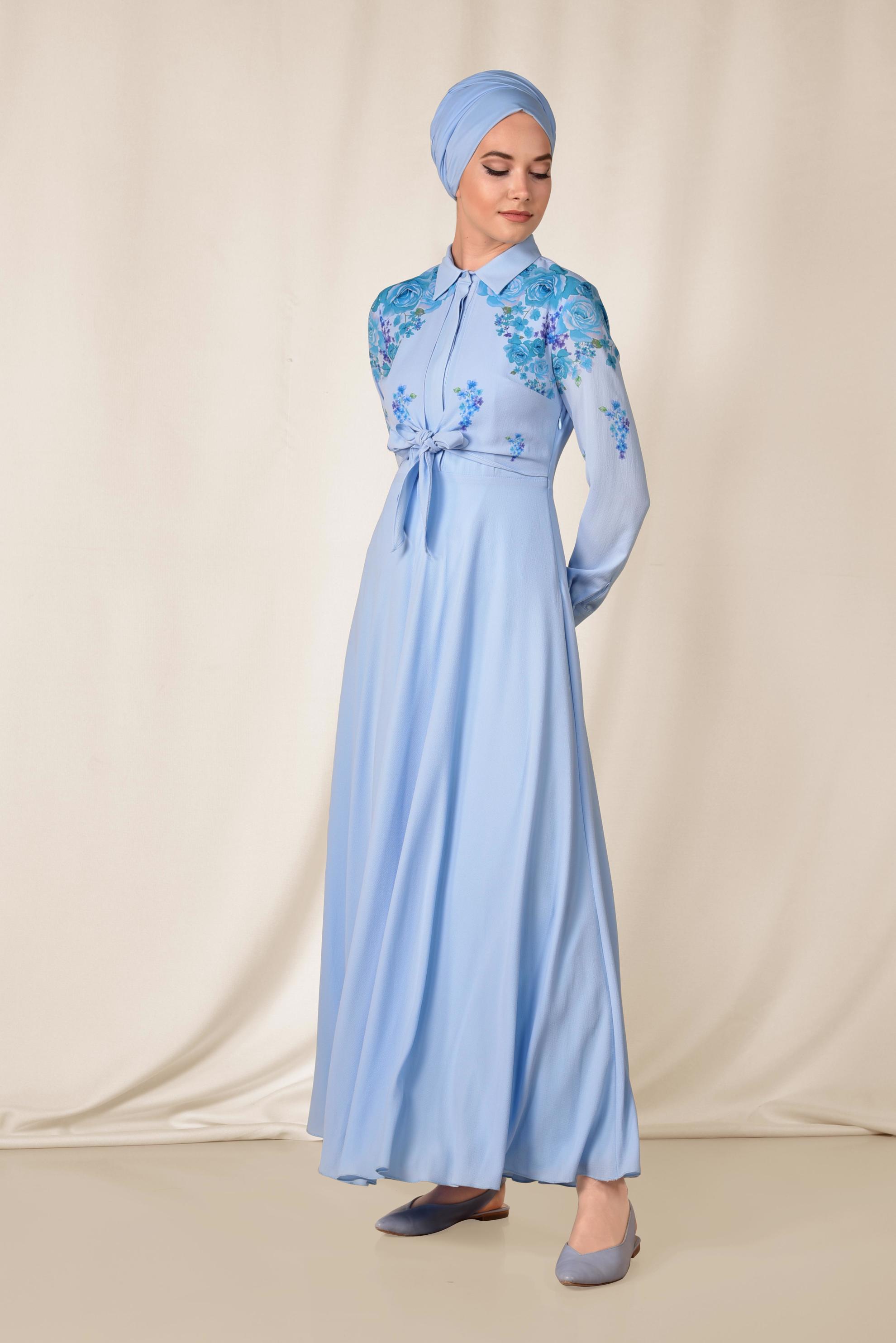 Tesettür giyim MAVİ 4539 EVA CREP ELBİSE 36/42