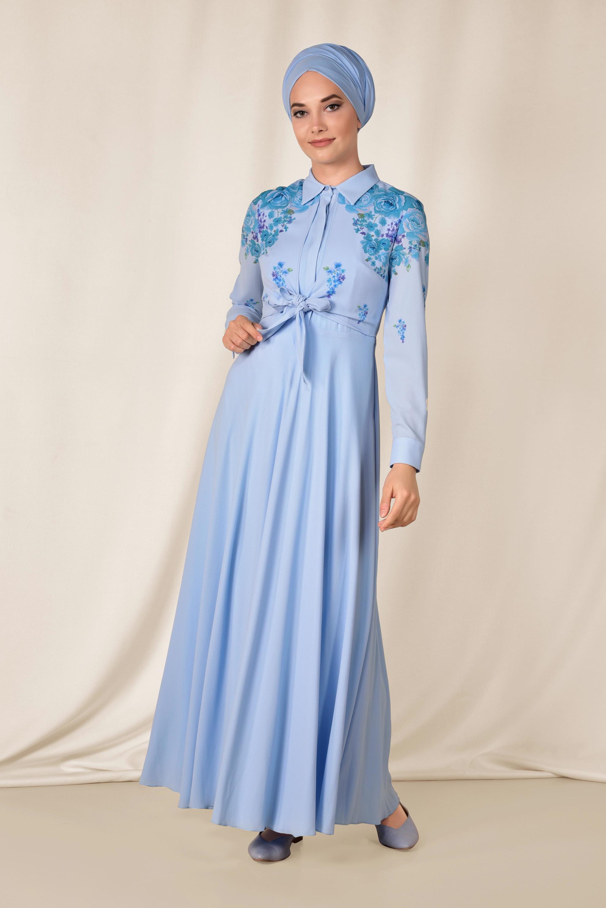 Tesettür giyim MAVİ 4539 EVA CREP ELBİSE 36/42