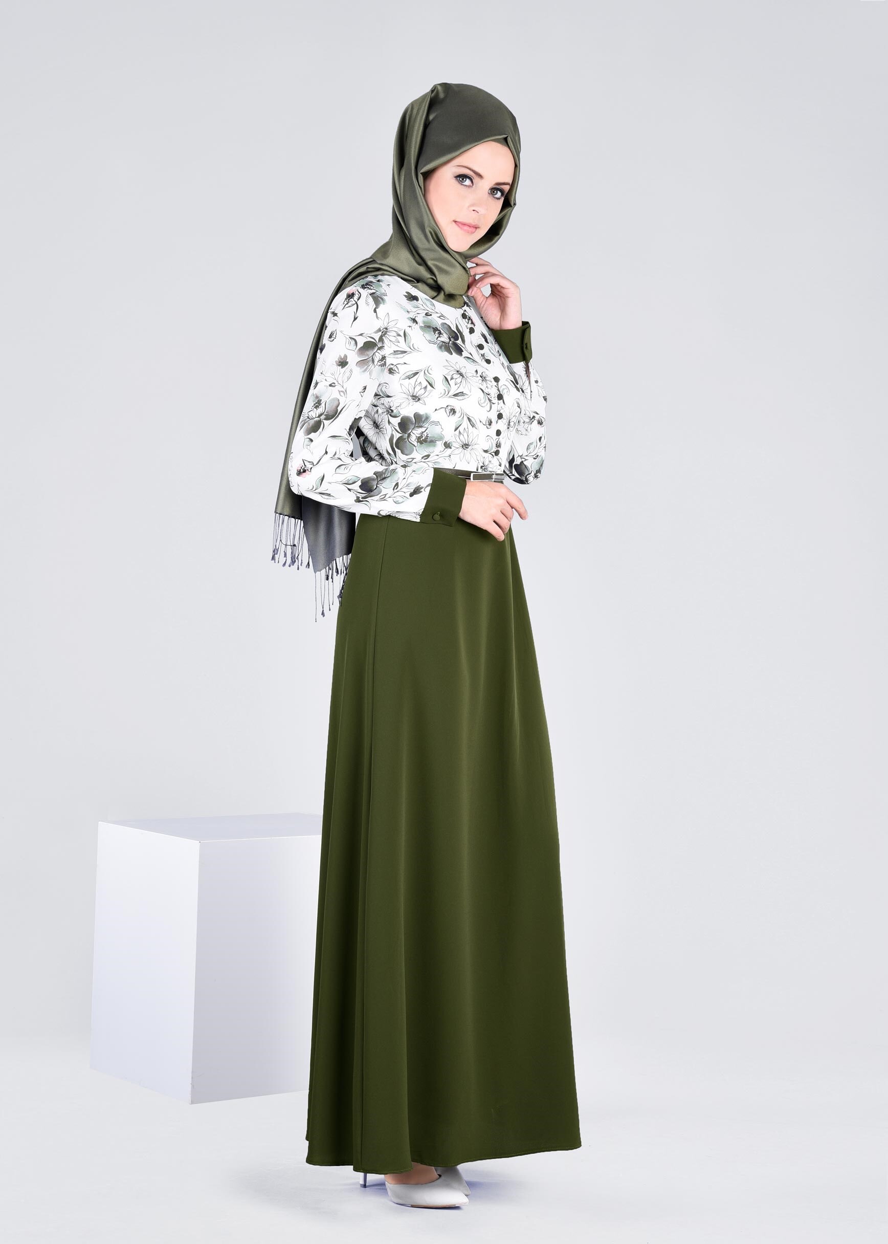 Tesettür giyim HAKİ 4287-1 BURBLE 7618 ELBİSE 38/46 TEK40