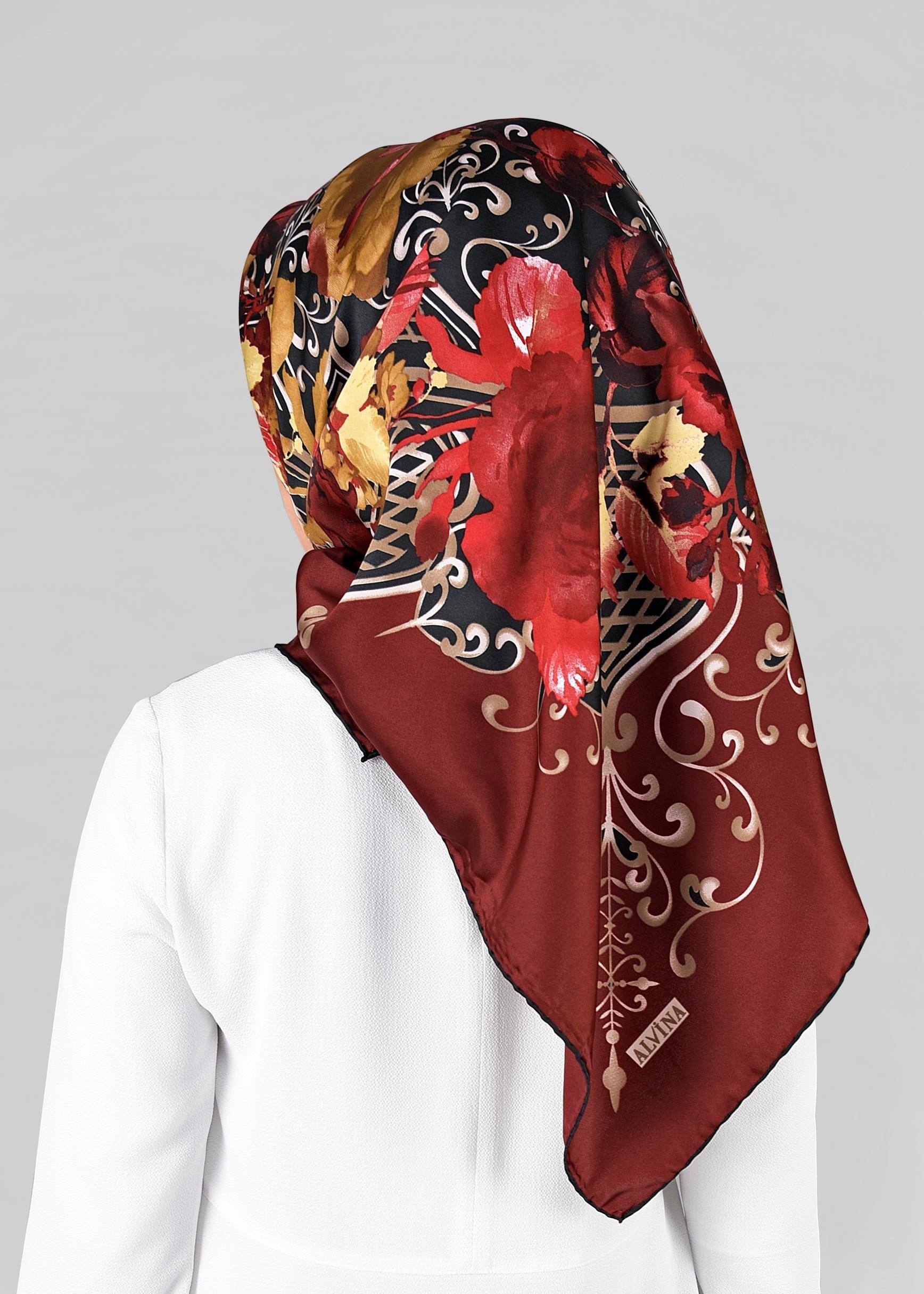 Tesettür giyim BORDO 11296-01 ALVİNA DESENLİ EŞARP