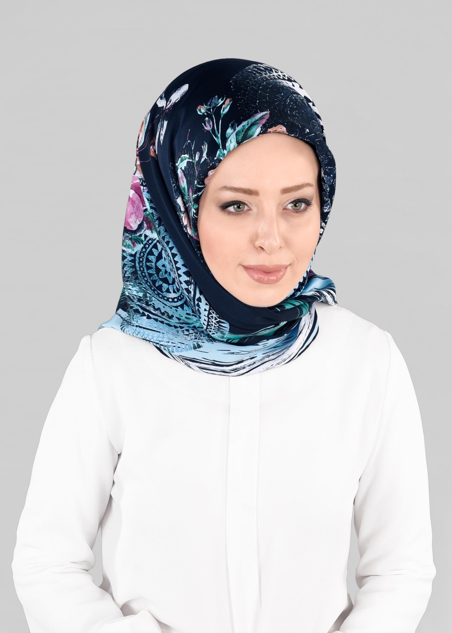 Tesettür giyim LACİVERT 12844-01 ALVİNA DESENLİ EŞARP