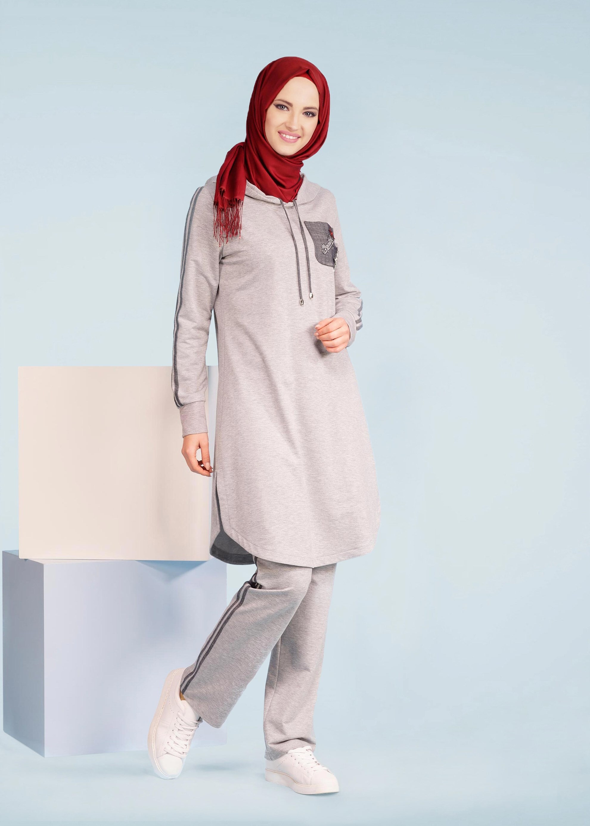 Tesettür giyim GRİ 4150 HİLDA 2&prime;Lİ EŞOFMAN TAKIM 36/44 TEK38