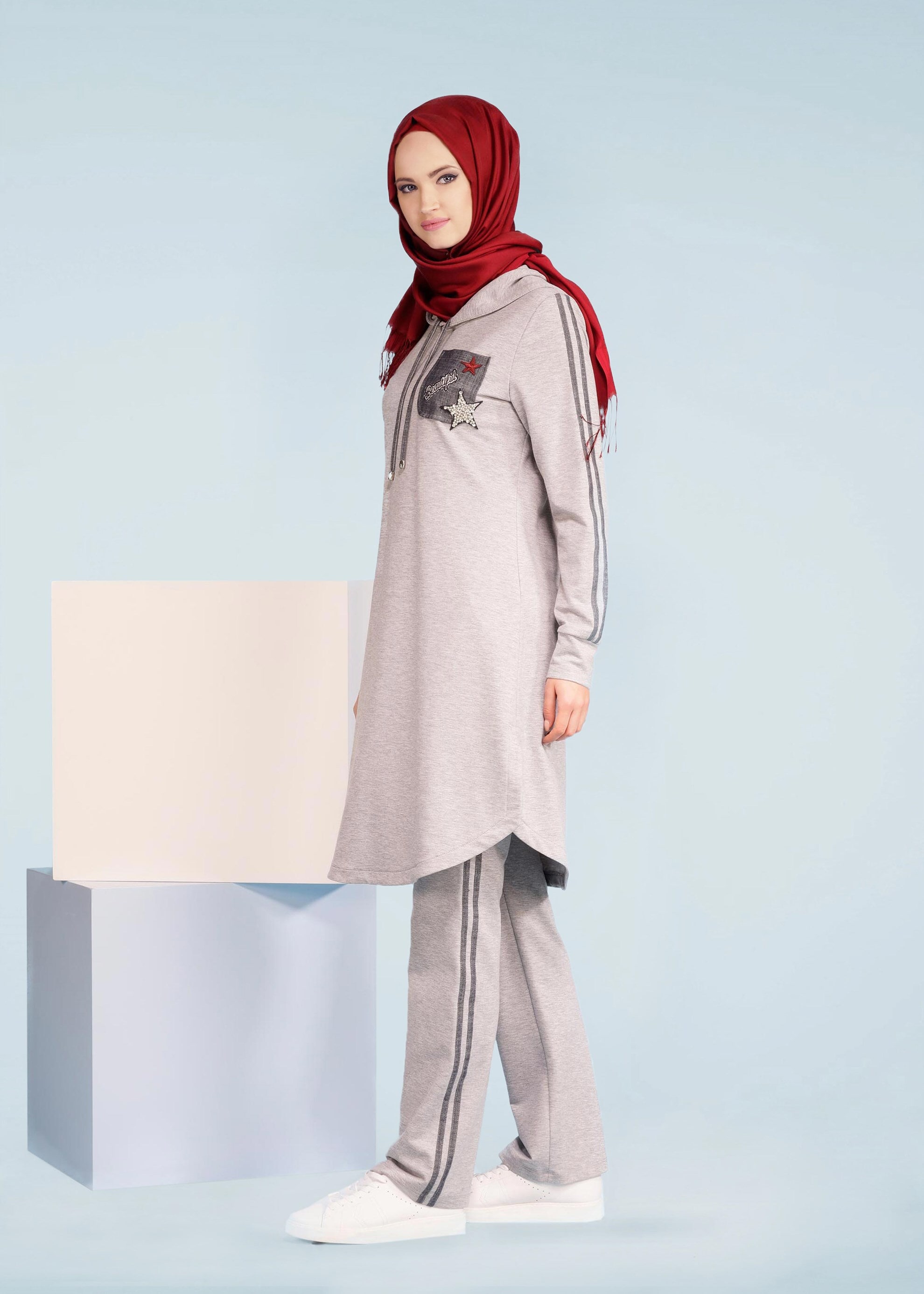 Tesettür giyim GRİ 4150 HİLDA 2&prime;Lİ EŞOFMAN TAKIM 36/44 TEK38