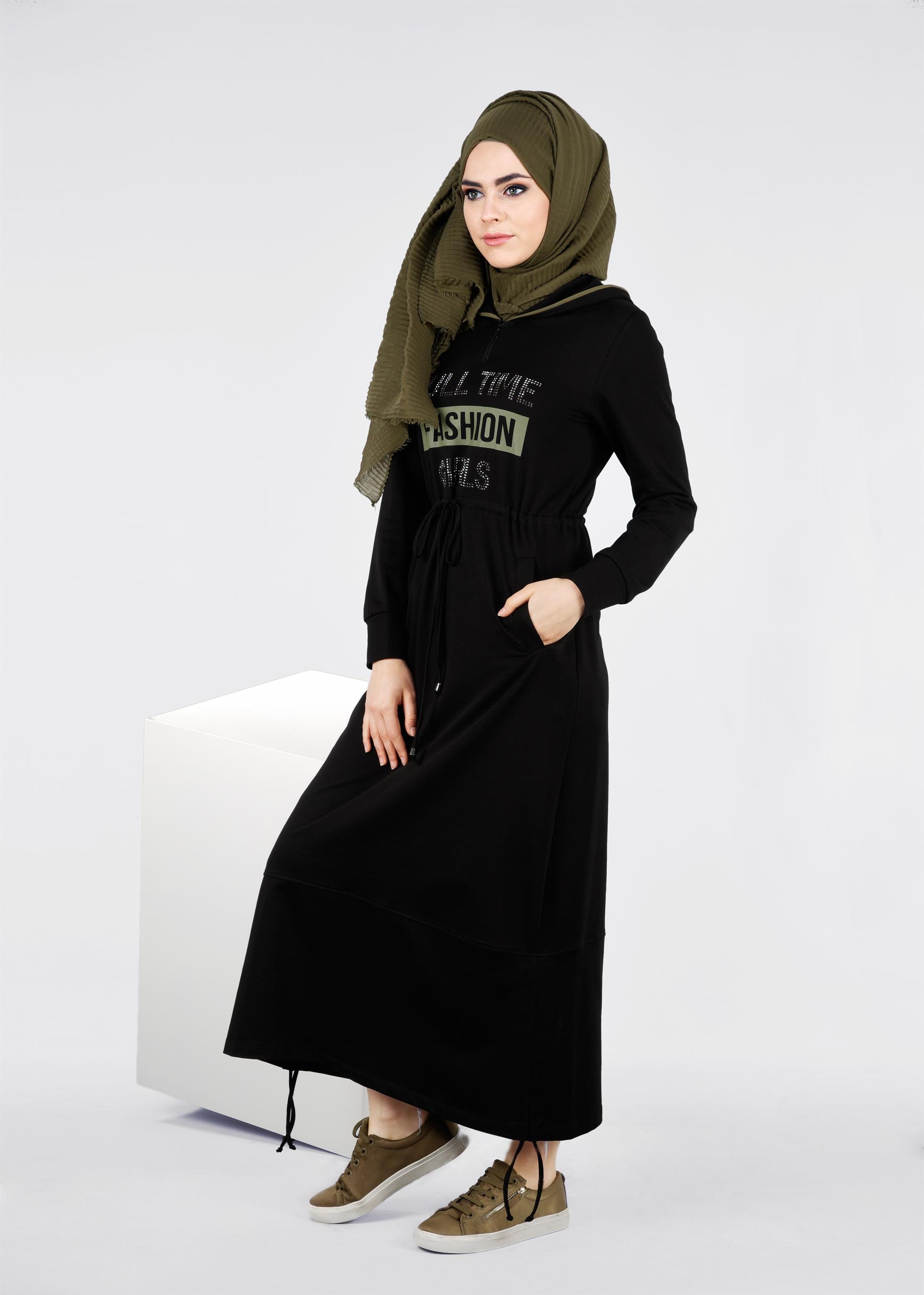 Tesettür giyim SİYAH 4167 HİLDA TESETTÜR EŞOFMAN ELBİSE 36/44