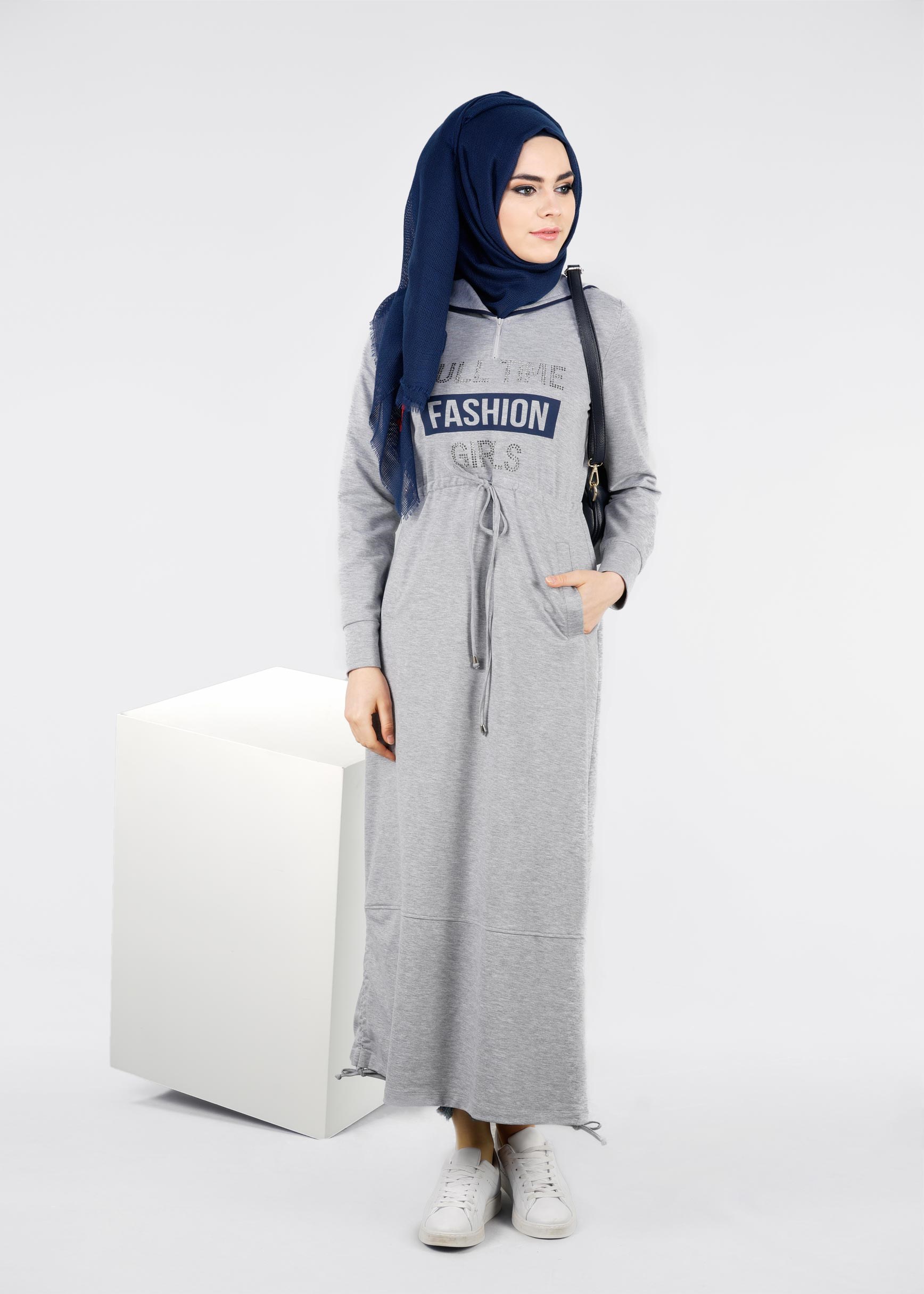 Tesettür giyim GRİ 4167 HİLDA TESETTÜR EŞOFMAN ELBİSE 36/44