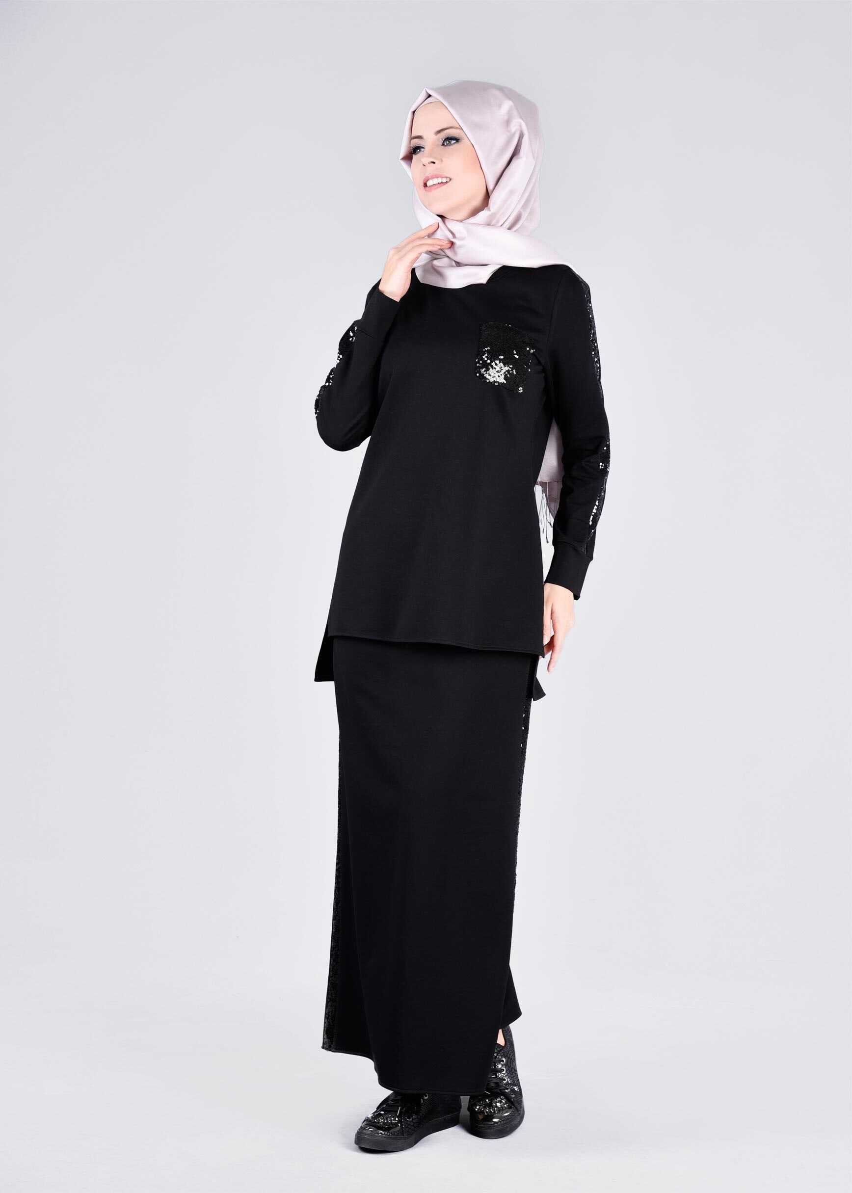 Tesettür giyim SİYAH 4334 2&prime;Lİ ETEKLİ EŞOFMAN TAKIM 38/44