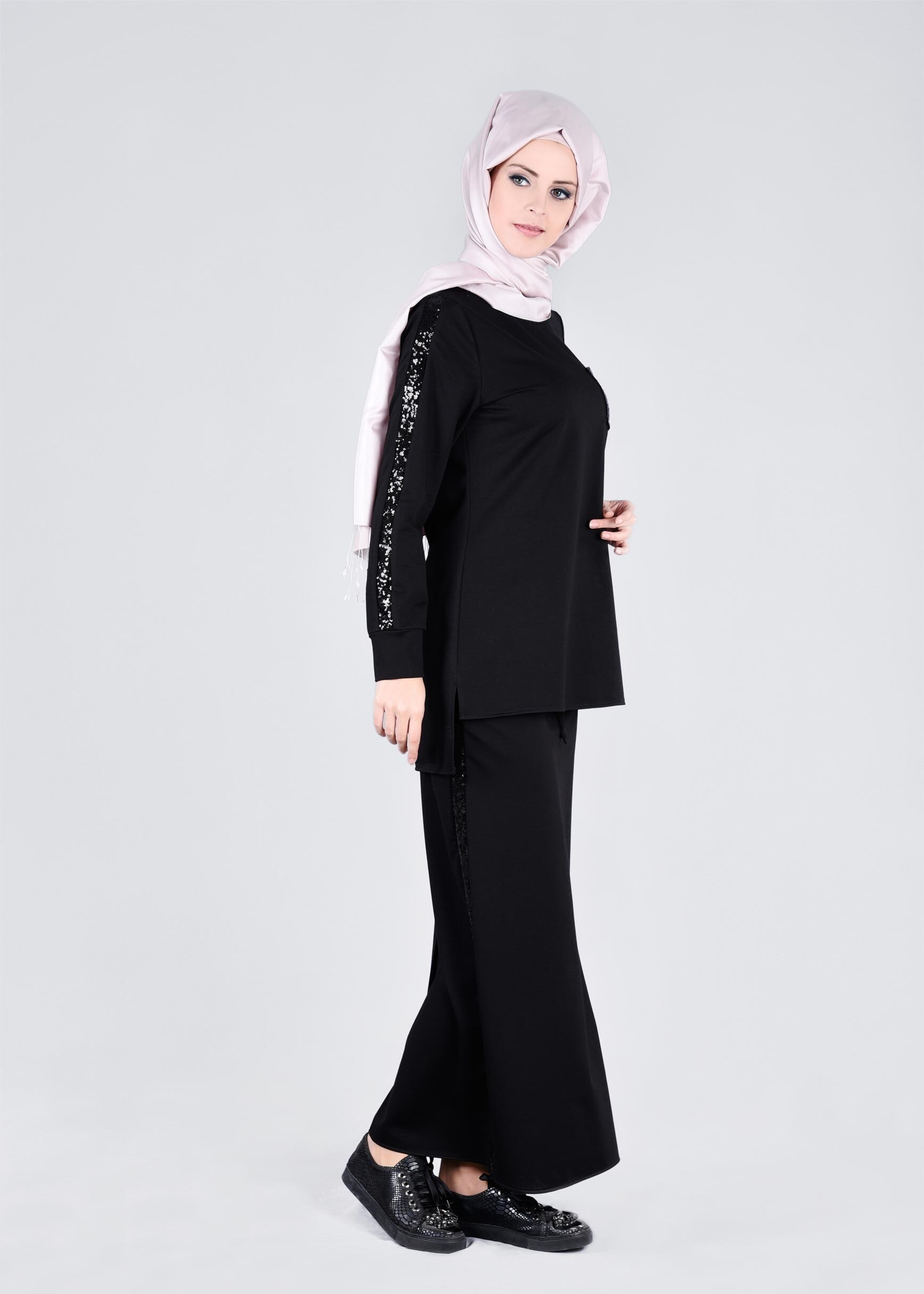 Tesettür giyim SİYAH 4334 2&prime;Lİ ETEKLİ EŞOFMAN TAKIM 38/44