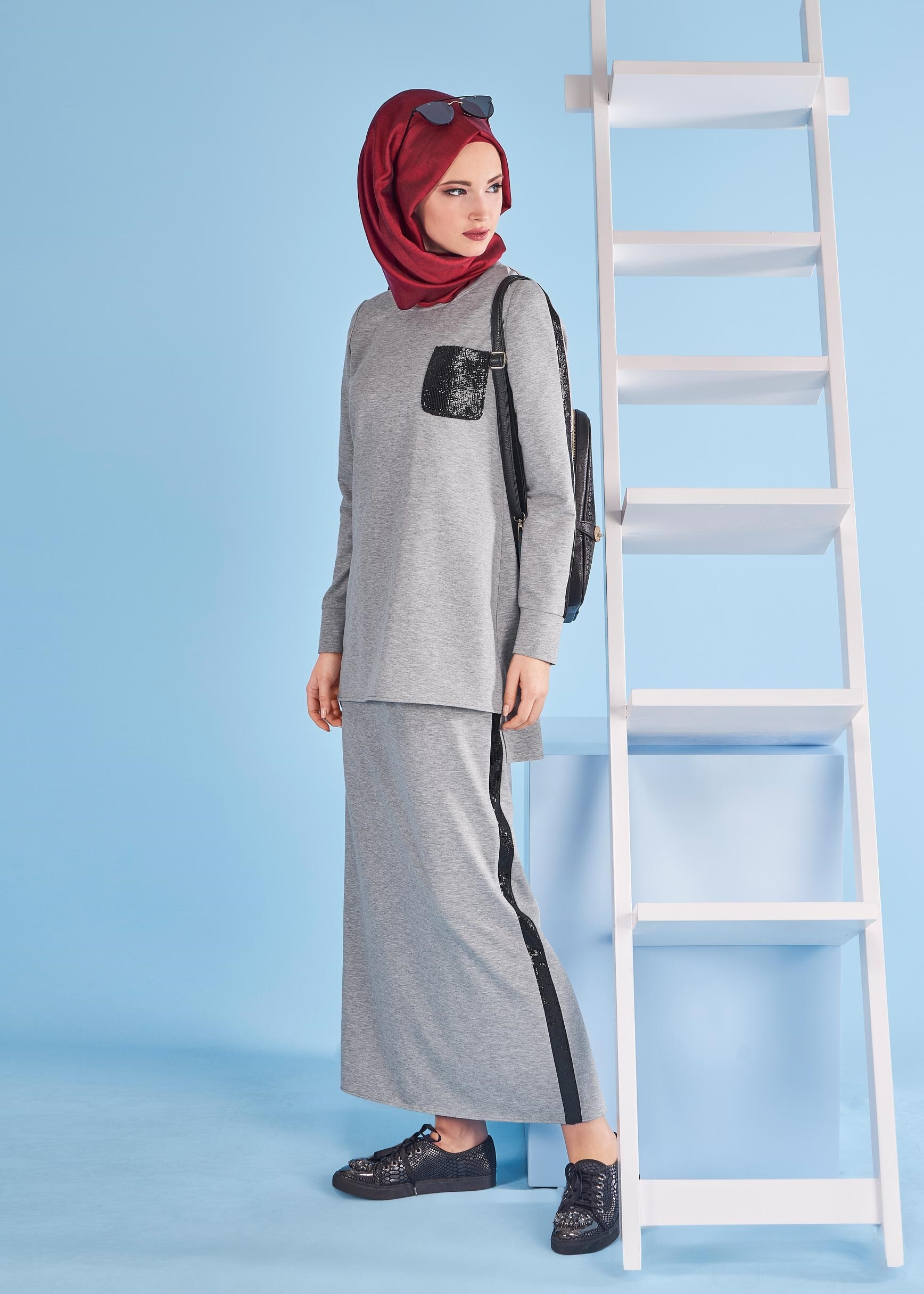 Tesettür giyim GRİ 4334 2&prime;Lİ ETEKLİ EŞOFMAN TAKIM 38/44