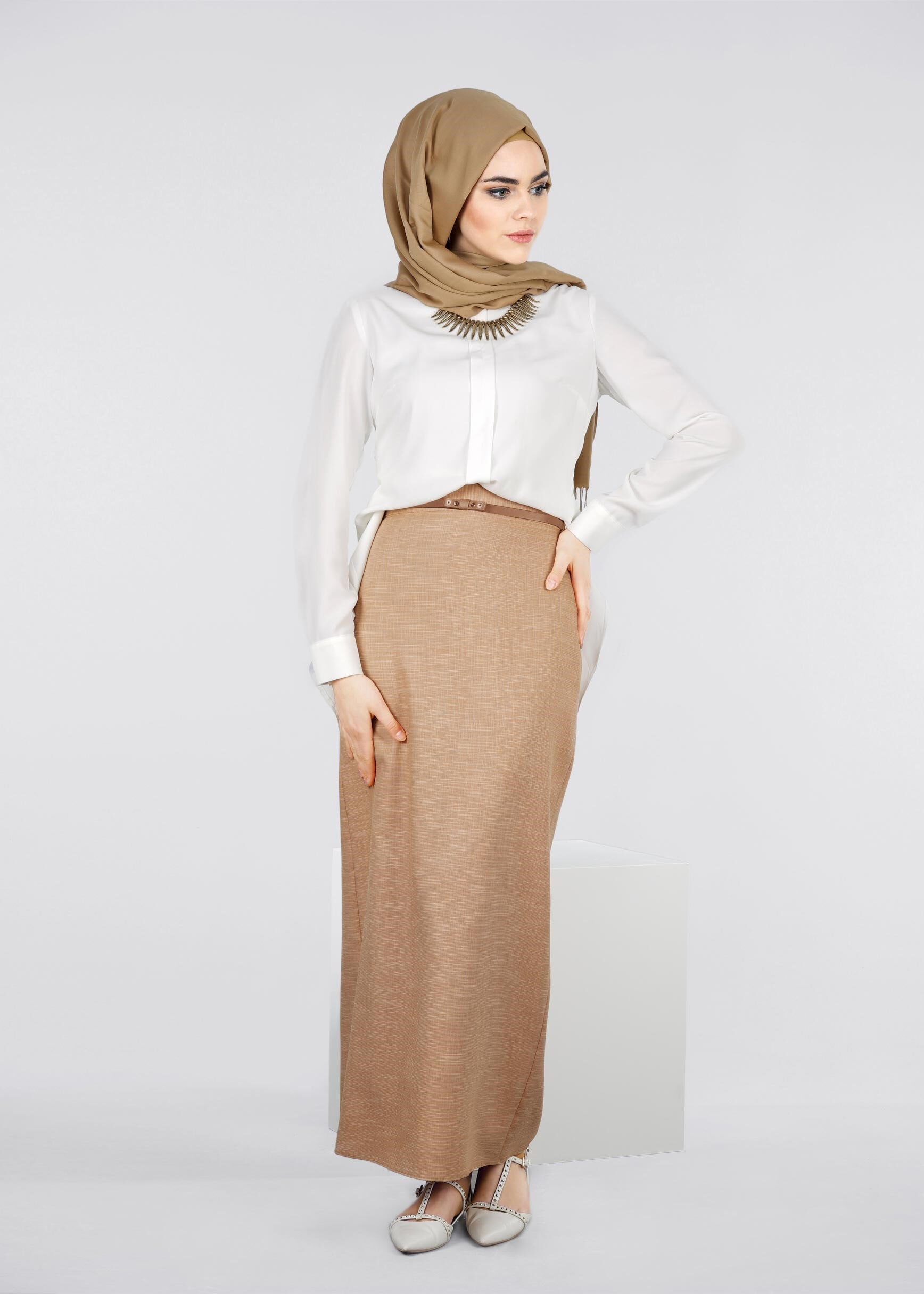Tesettür giyim KAHVE 6003 NEW SHİNE ETEK 38/46 TEK42