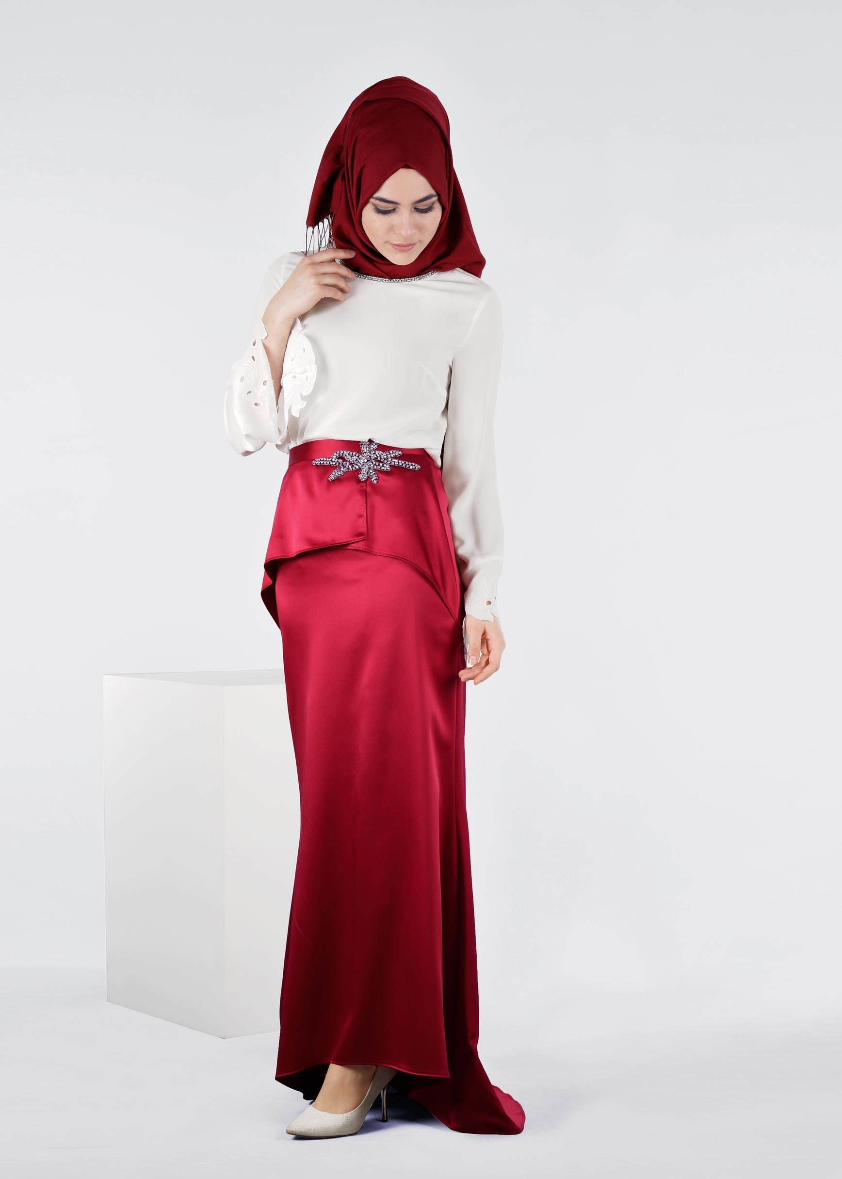 Tesettür giyim BORDO 6014 ALİSSA SATEN ETEK 38/44 TEK38