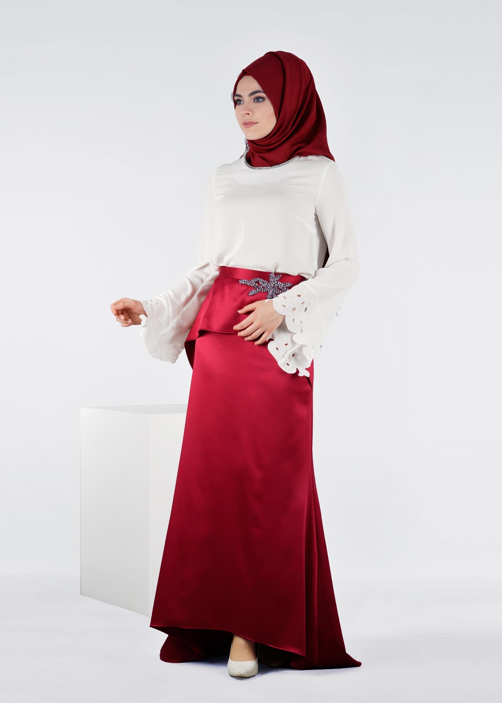 Tesettür giyim BORDO 6014 ALİSSA SATEN ETEK 38/44 TEK38