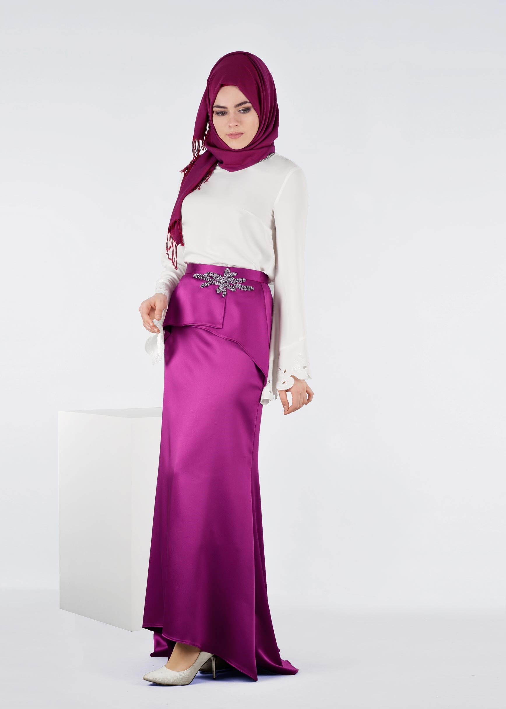 Tesettür giyim FUŞYA 6014 ALİSSA SATEN ETEK 38/44 TEK38