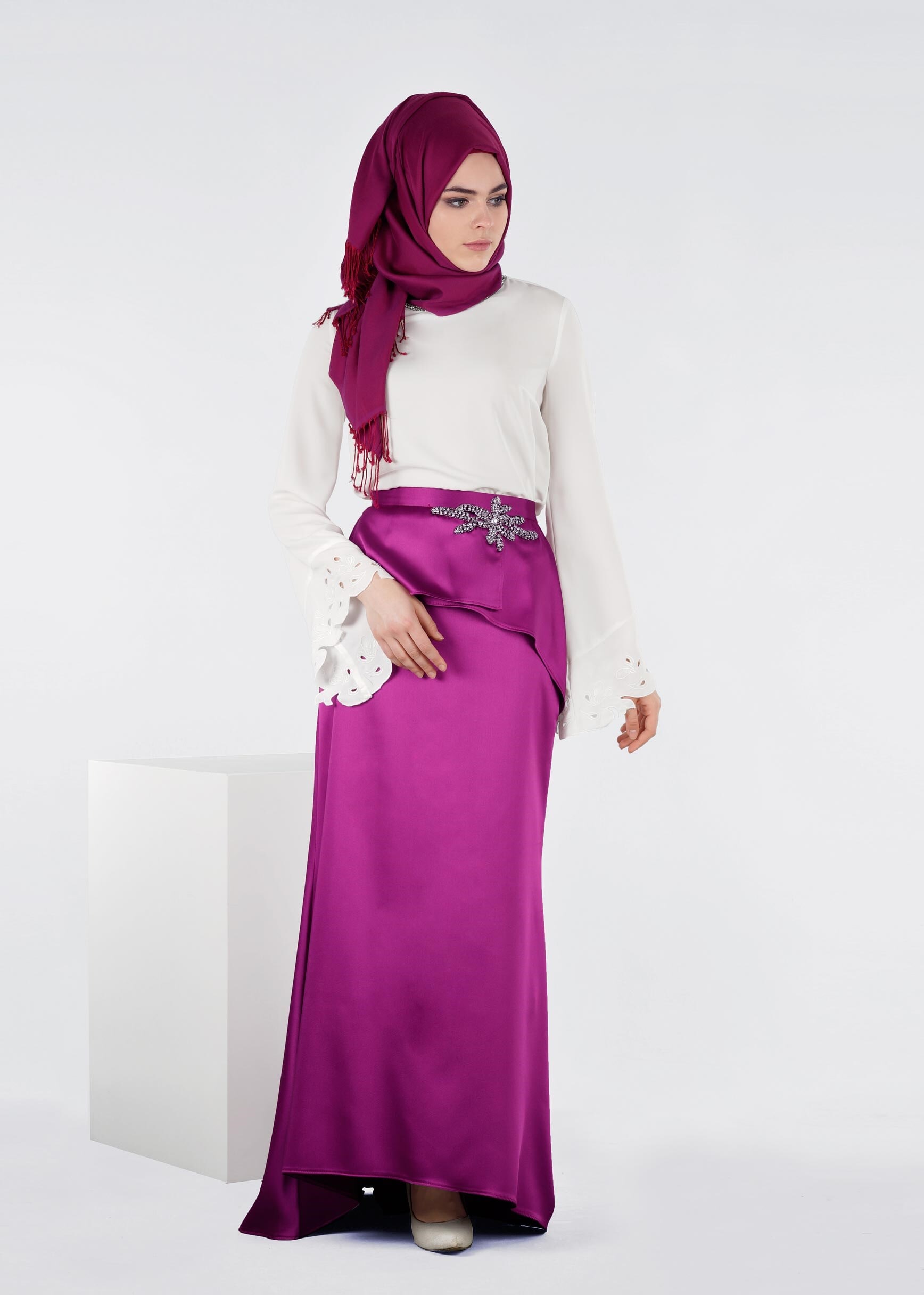 Tesettür giyim FUŞYA 6014 ALİSSA SATEN ETEK 38/44 TEK38