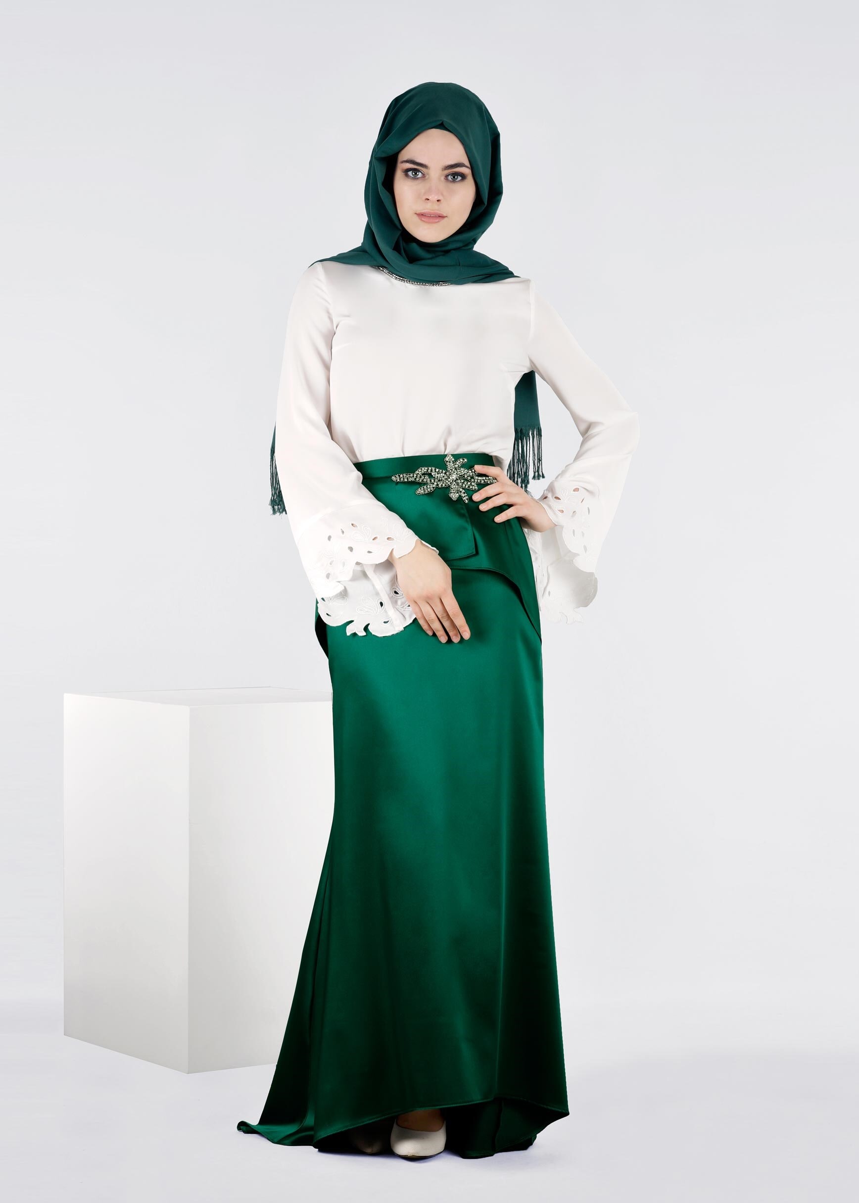 Tesettür giyim YEŞİL 6014 ALİSSA SATEN ETEK 38/44 TEK38