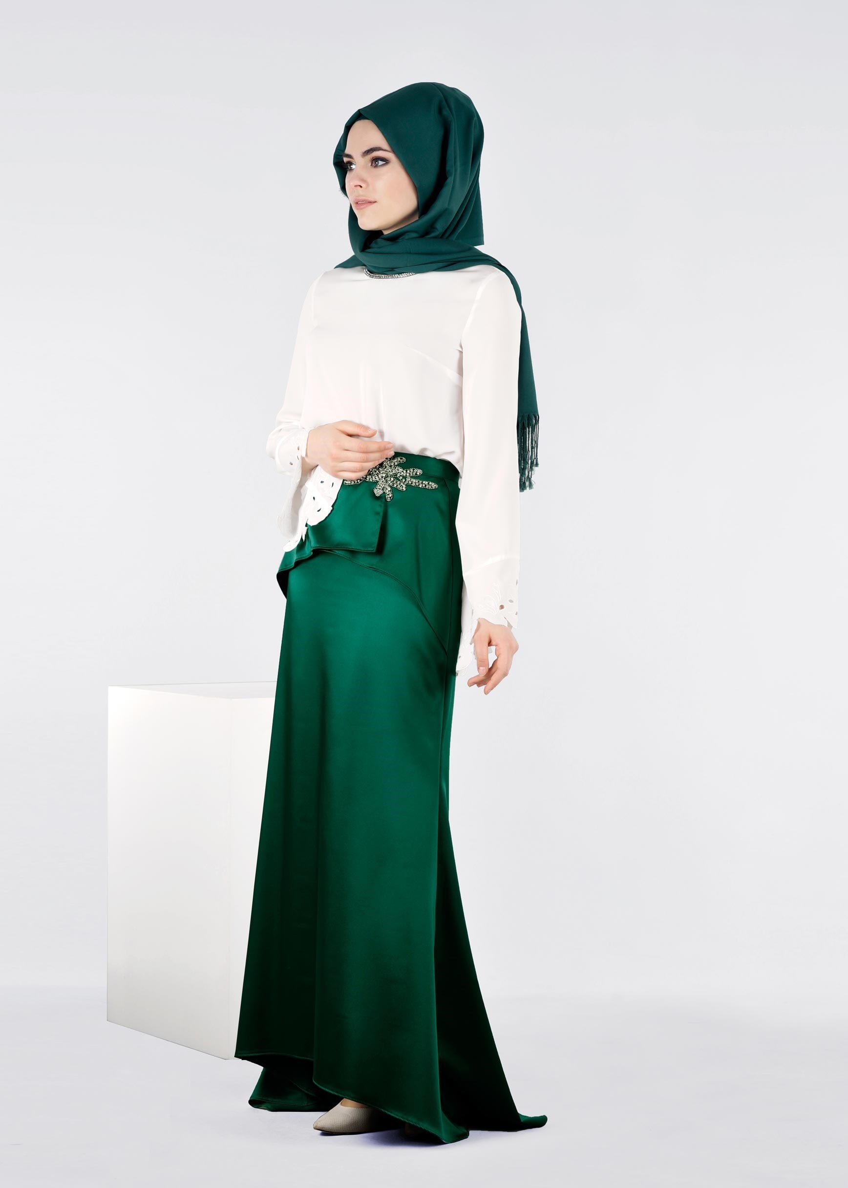 Tesettür giyim YEŞİL 6014 ALİSSA SATEN ETEK 38/44 TEK38