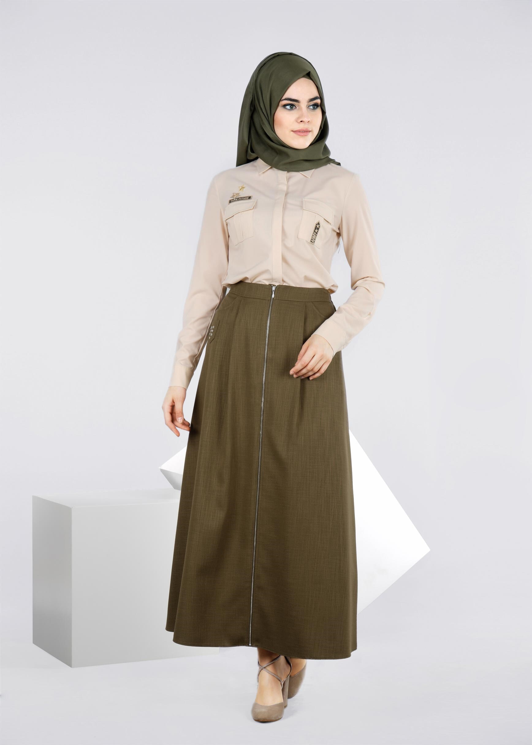 Tesettür giyim HAKİ 6017 SHOGUN TESETTÜR ETEK 36/44 TEK38