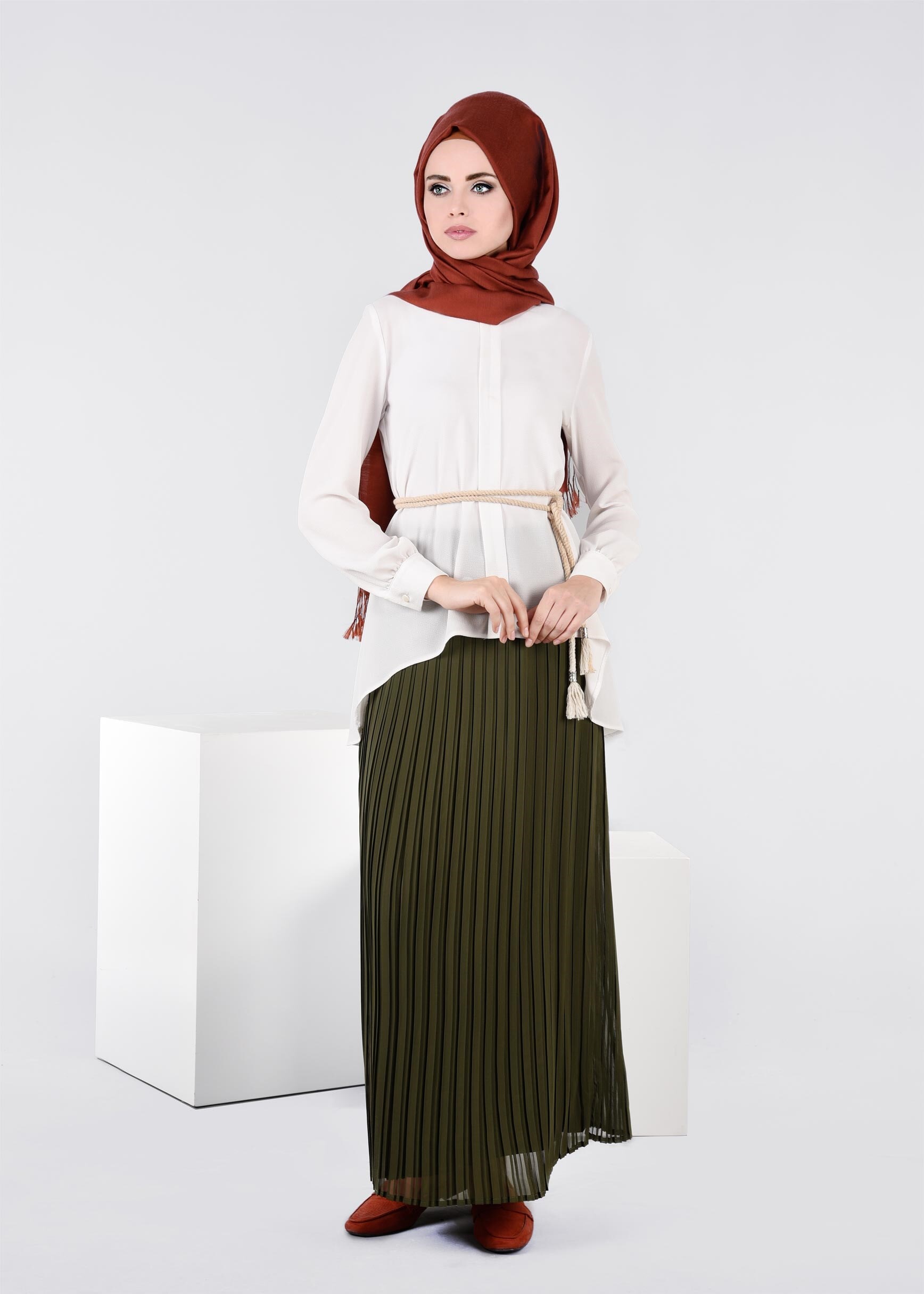 Tesettür giyim HAKİ 6019 NEW MULTİ ŞİFON ETEK 38/46