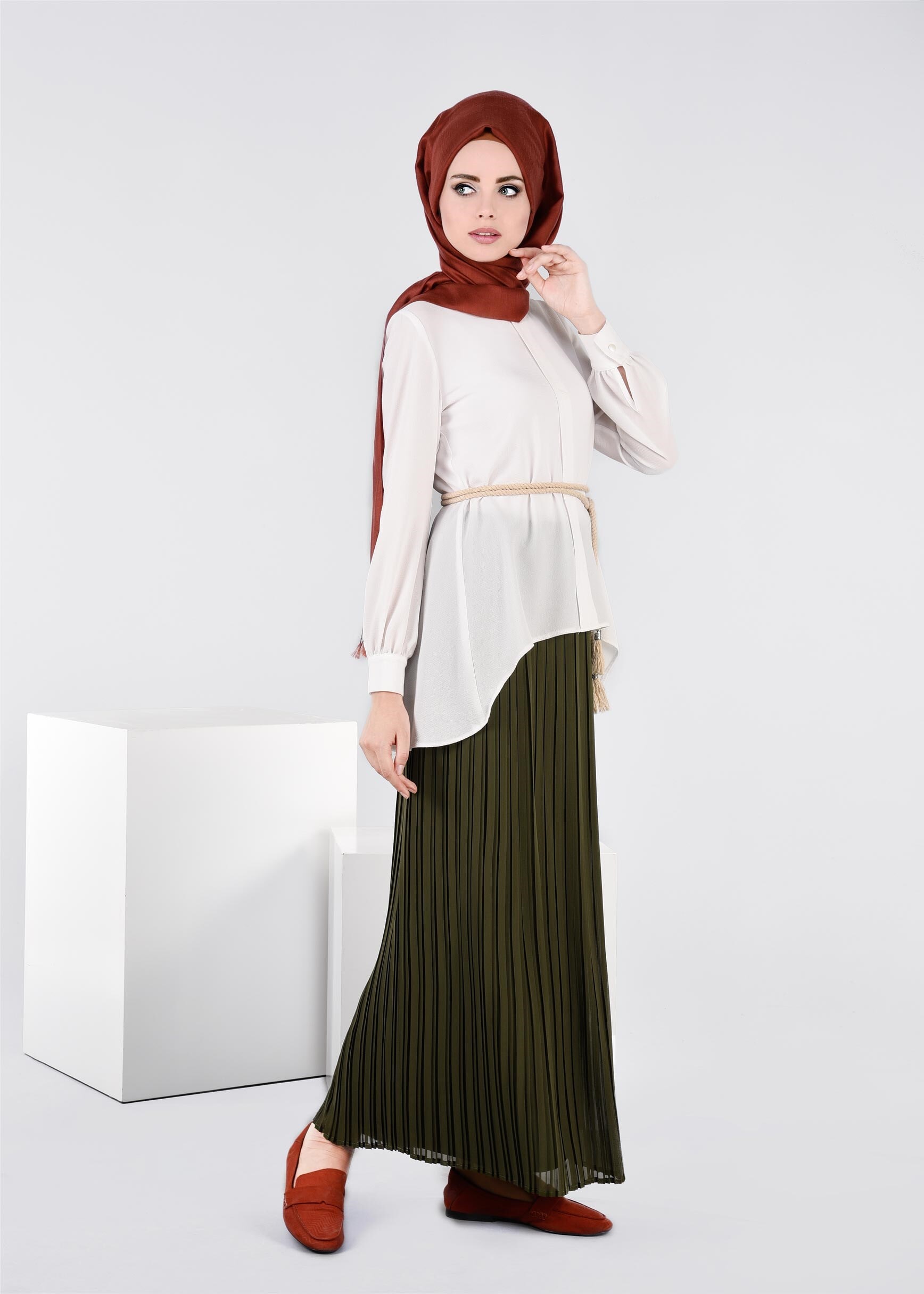 Tesettür giyim HAKİ 6019 NEW MULTİ ŞİFON ETEK 38/46