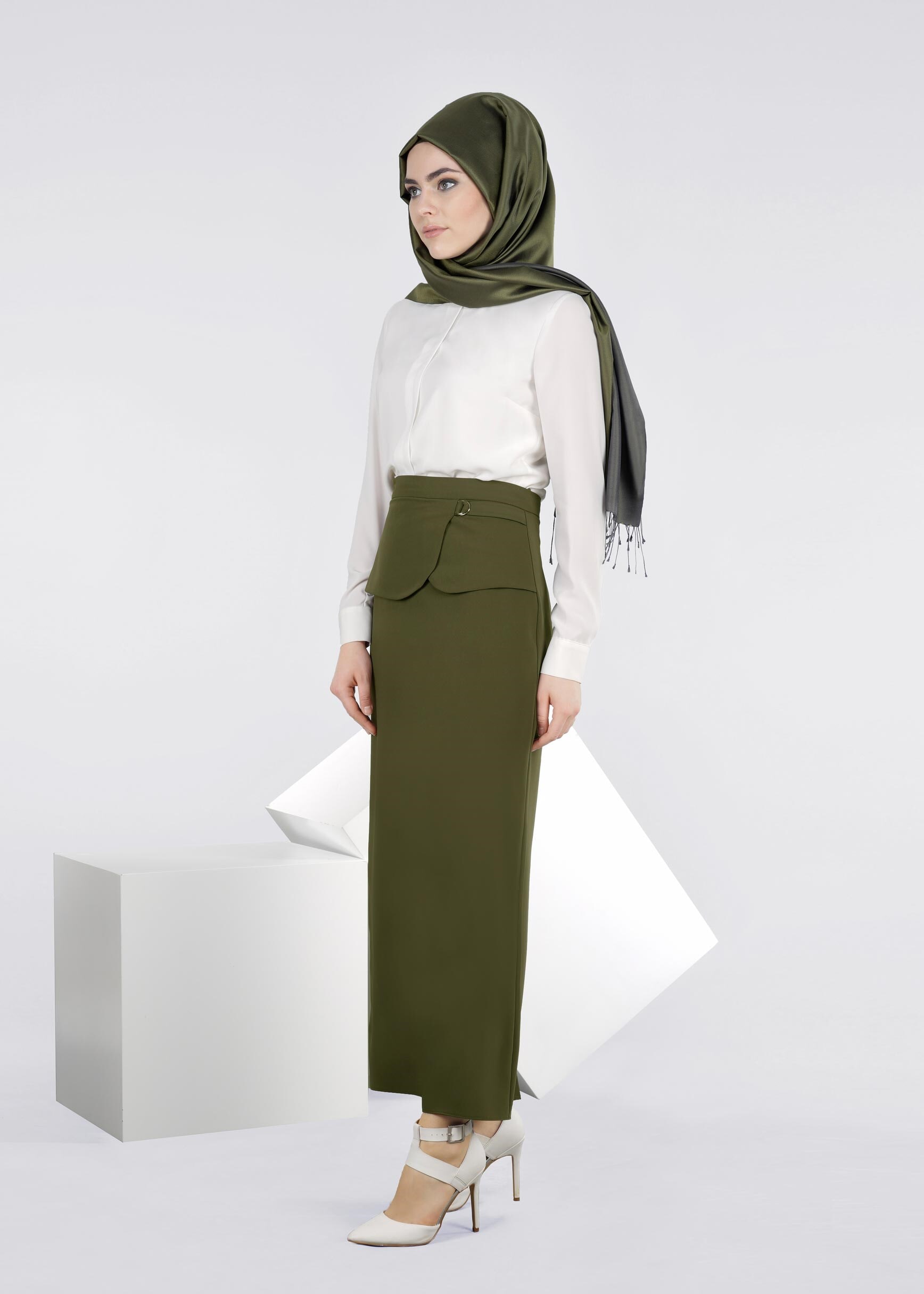 Tesettür giyim HAKİ 6023 ADRİNA 55587 ETEK 38/44 TEK40