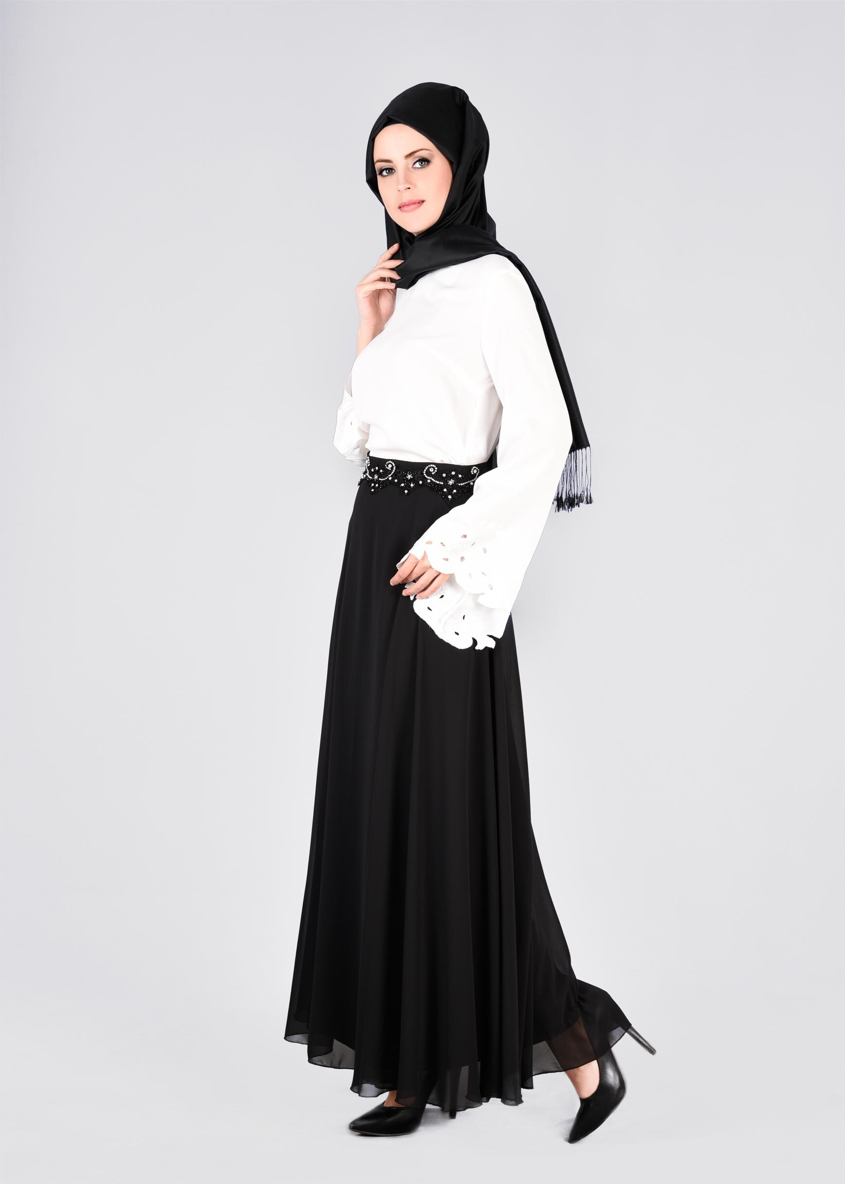 Tesettür giyim SİYAH 6024 NEW MULTİ ŞİFON ETEK 38/46 TEK40