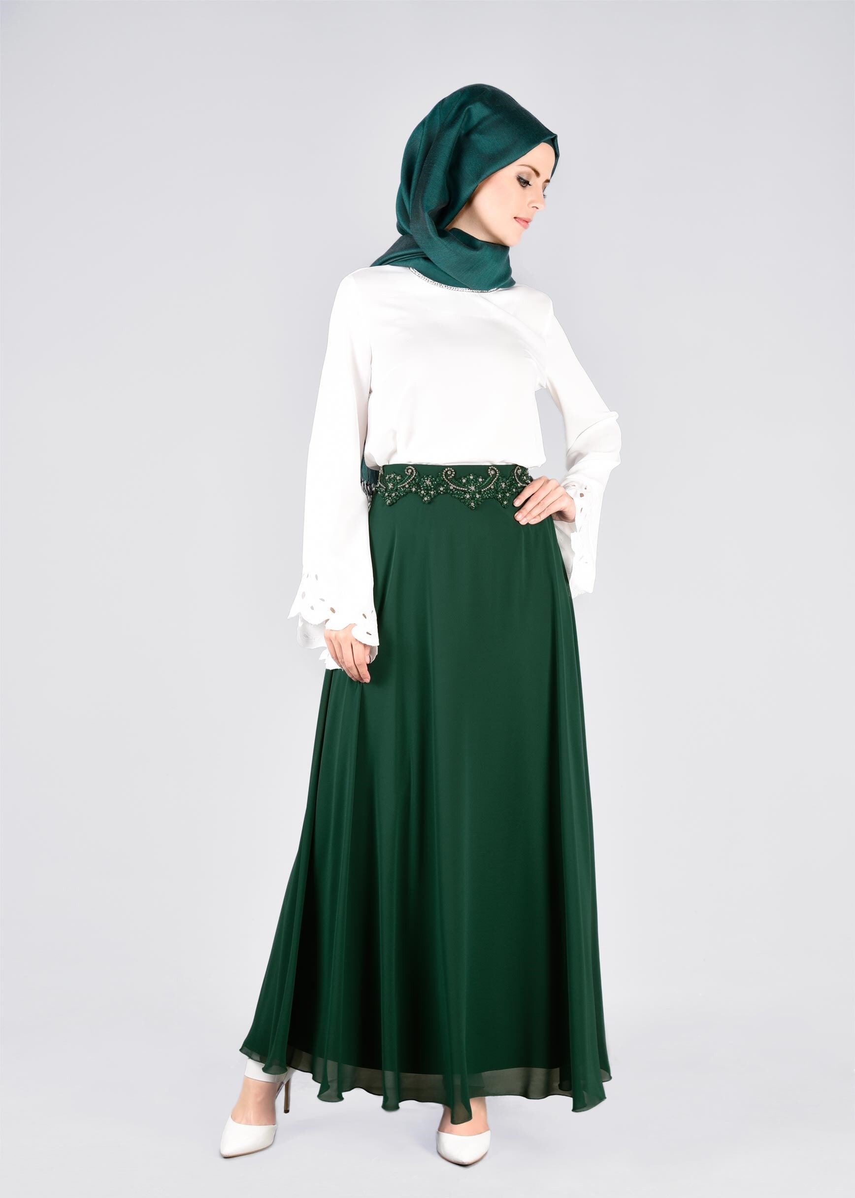 Tesettür giyim YEŞİL 6024 NEW MULTİ ŞİFON ETEK 38/46 TEK40