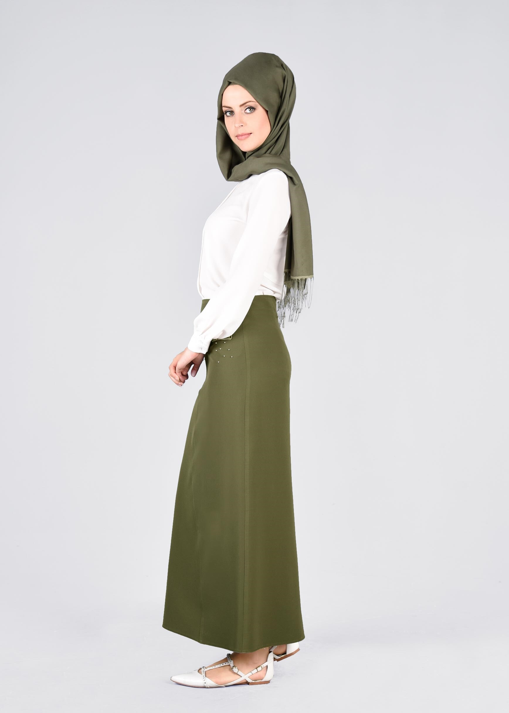 Tesettür giyim HAKİ 6035 RENGİN 55557 ETEK 38/46