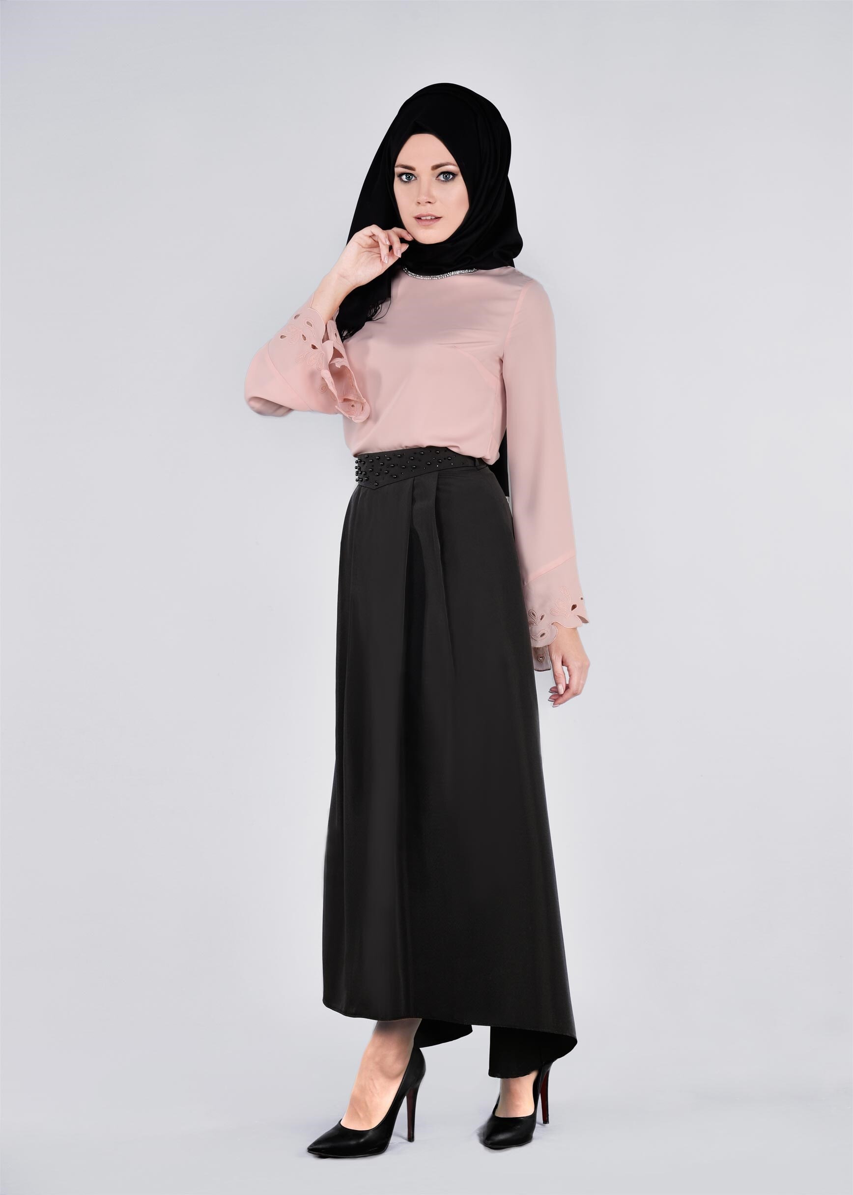 Tesettür giyim SİYAH ASİMETRİK KESİM CEPLİ ETEK 6079