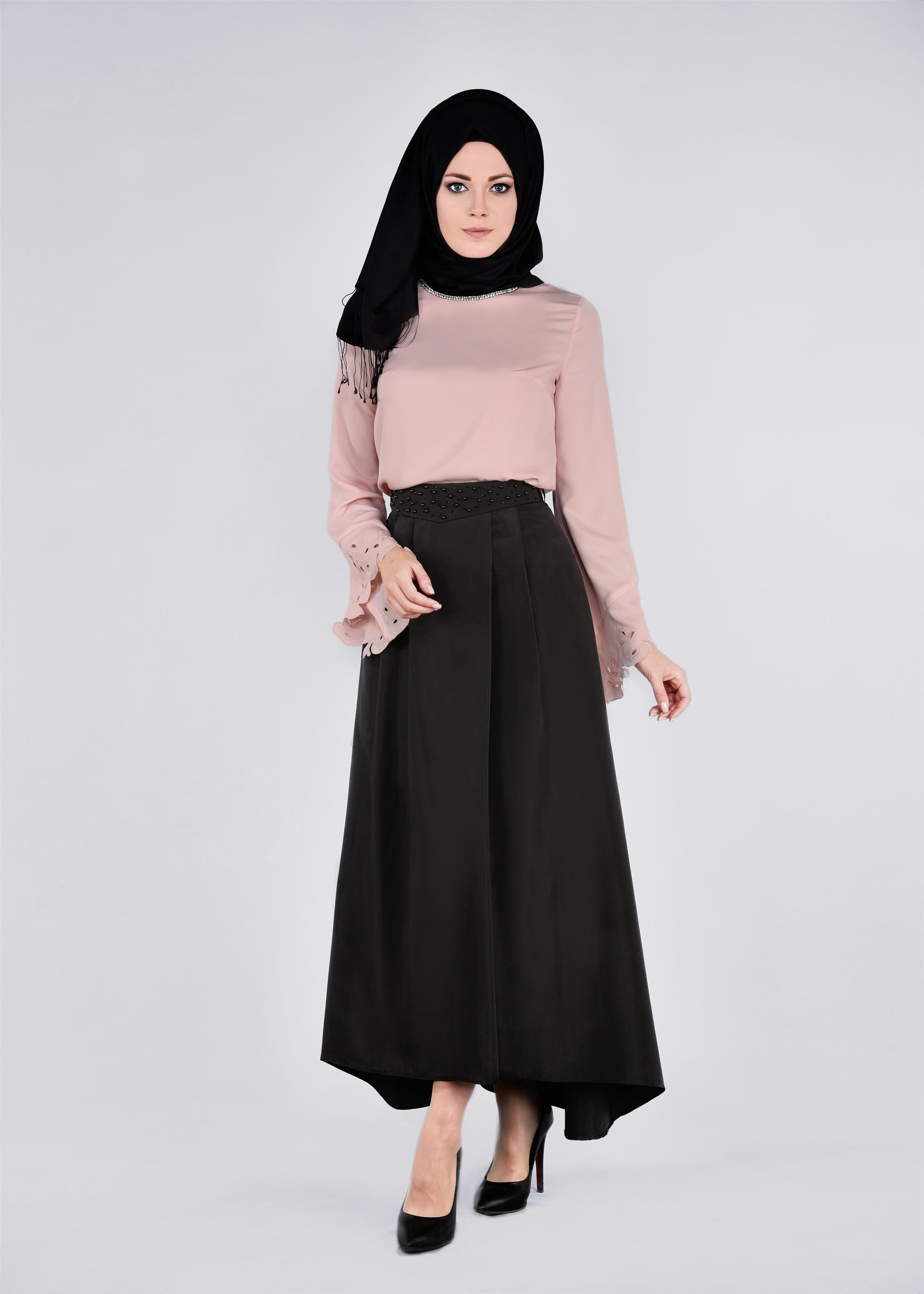 Tesettür giyim SİYAH ASİMETRİK KESİM CEPLİ ETEK 6079
