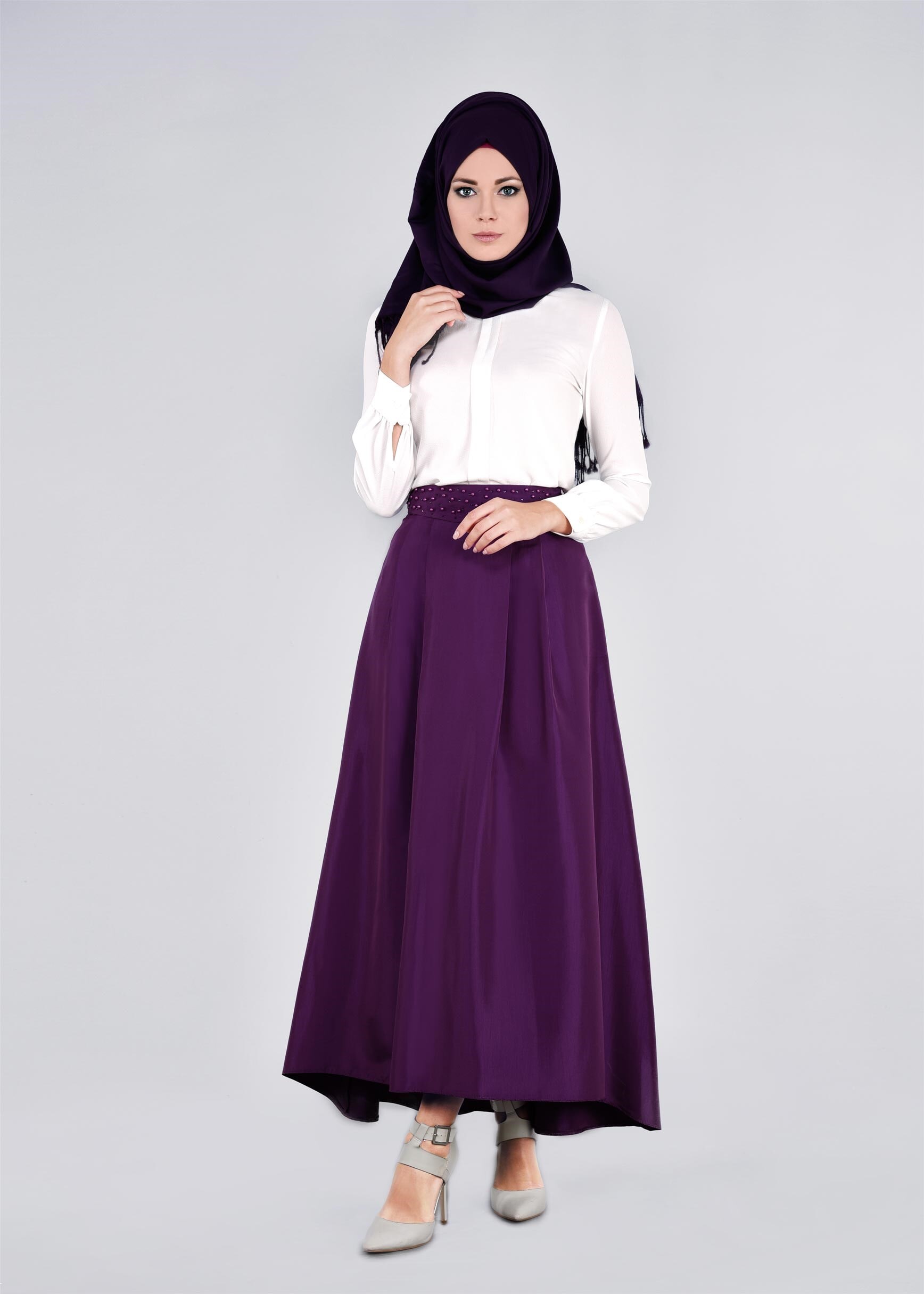 Tesettür giyim MOR ASİMETRİK KESİM CEPLİ ETEK 6079